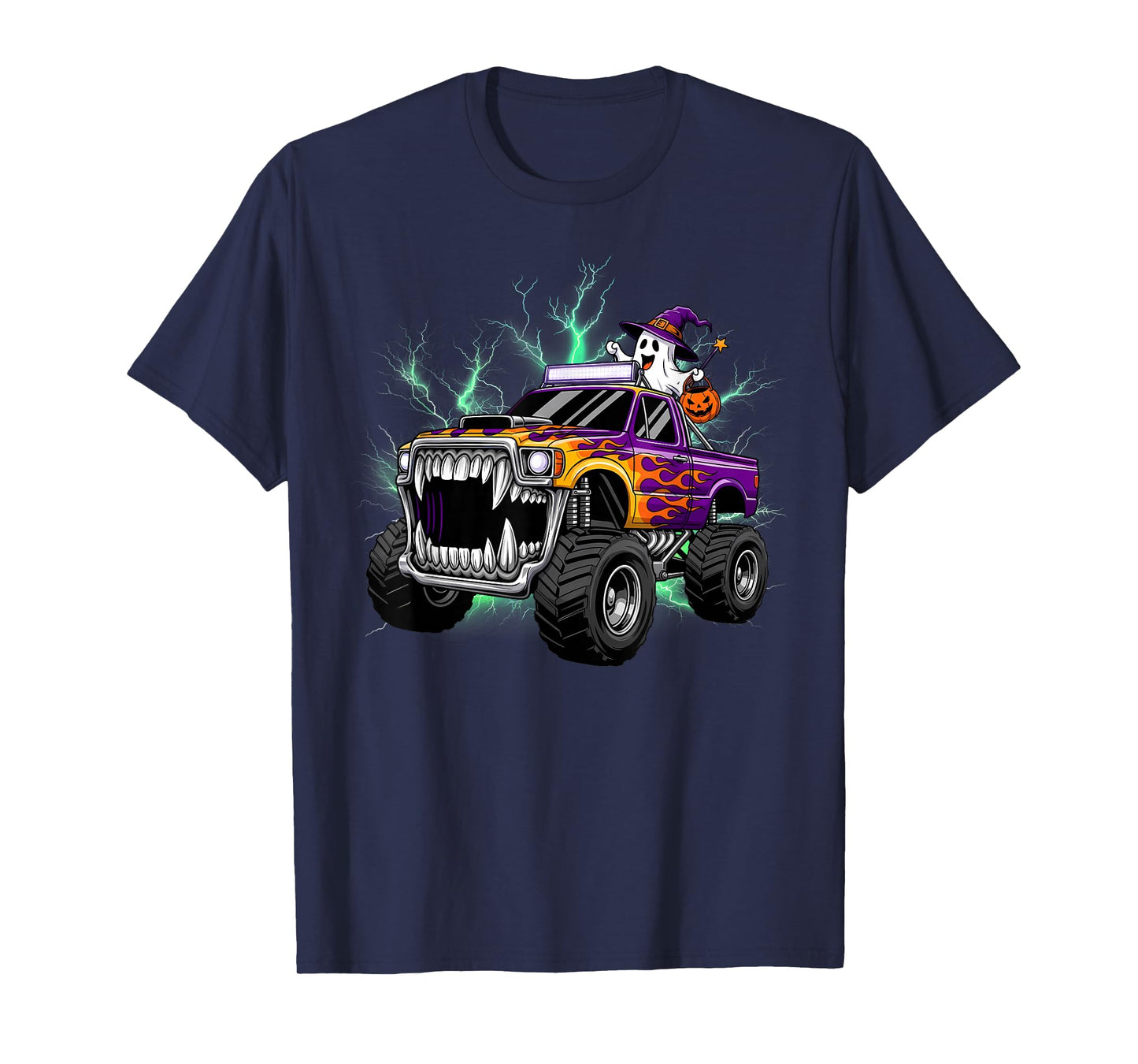 Halloween Monster Truck Funny Ghost Wearing Witch Hat T-Shirt