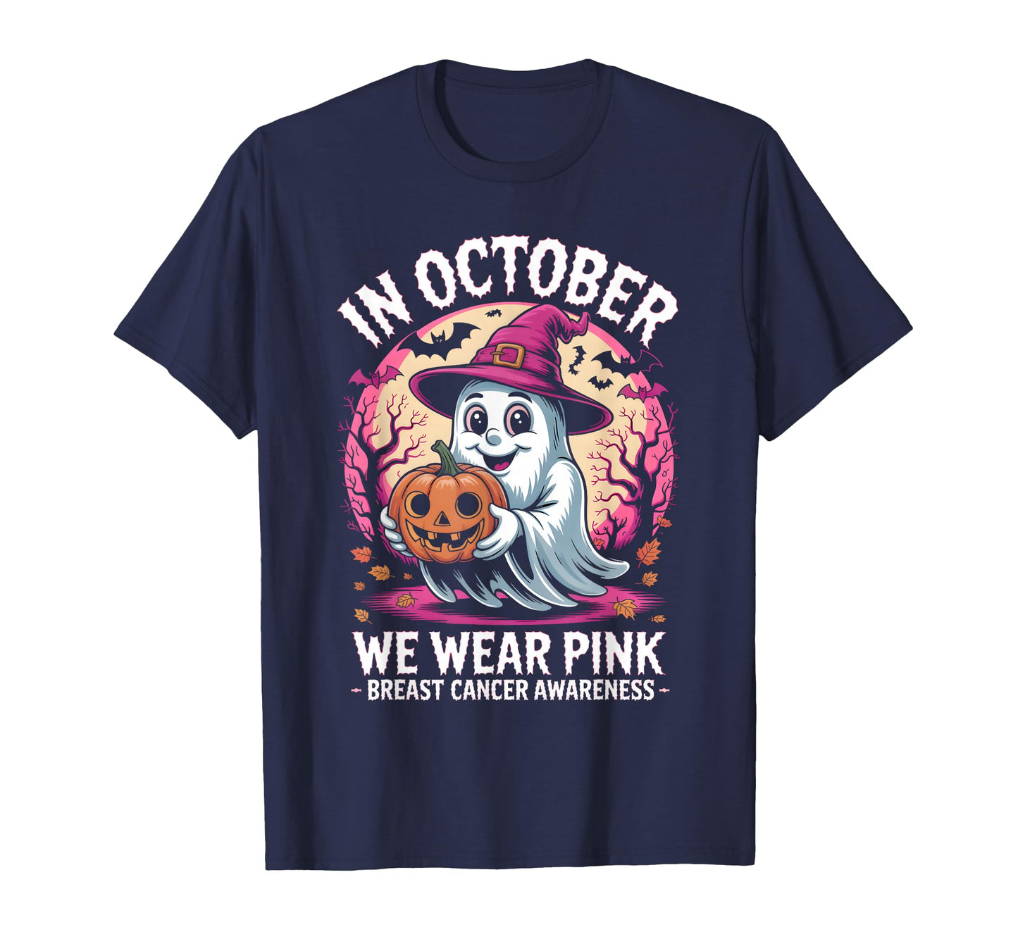 in October We Wear Pink Witch Graphic for Halloween Fun T-Shirt