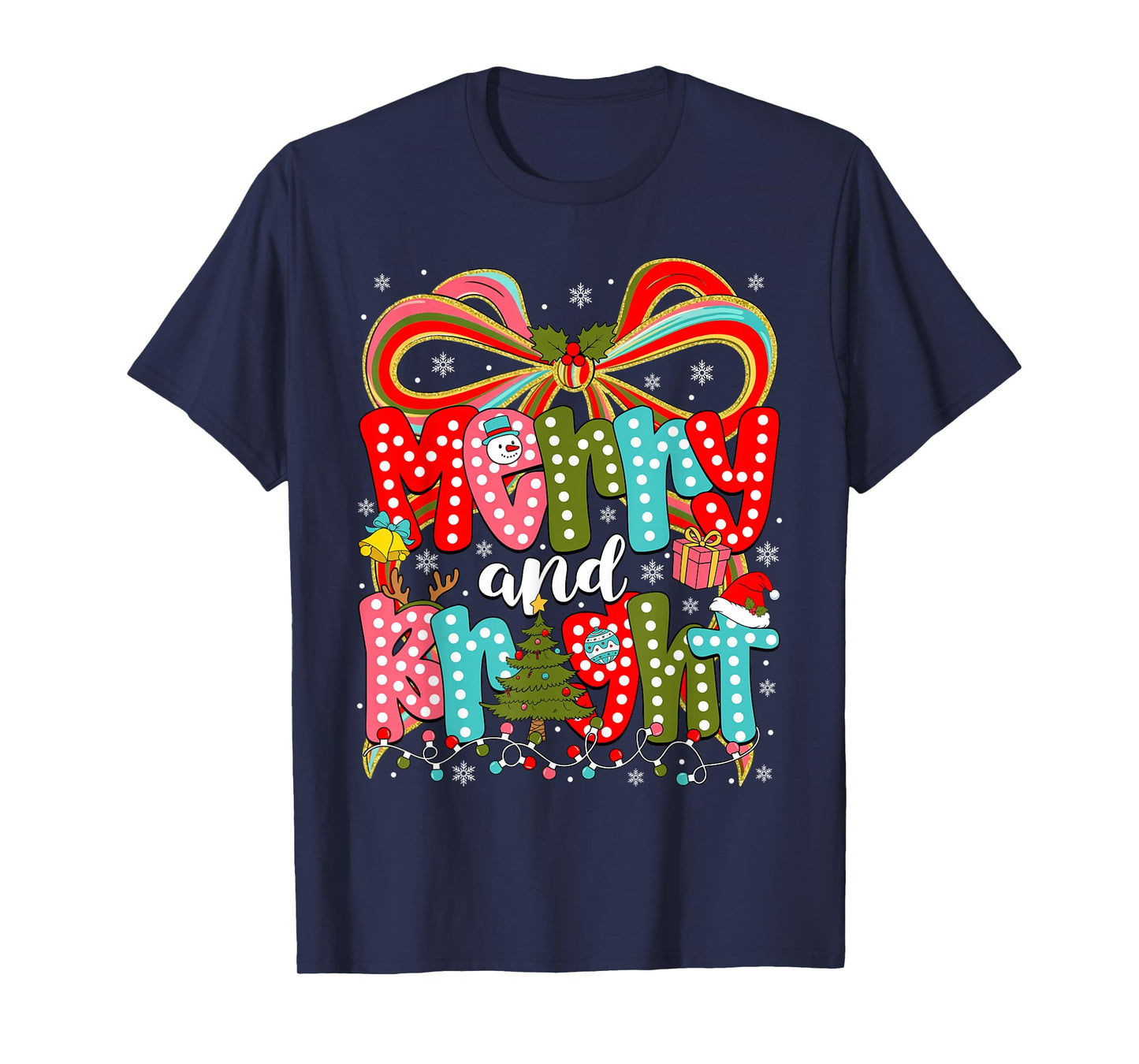 Merry and Bright Coquette Bow Christmas Lights Women Girls T-Shirt