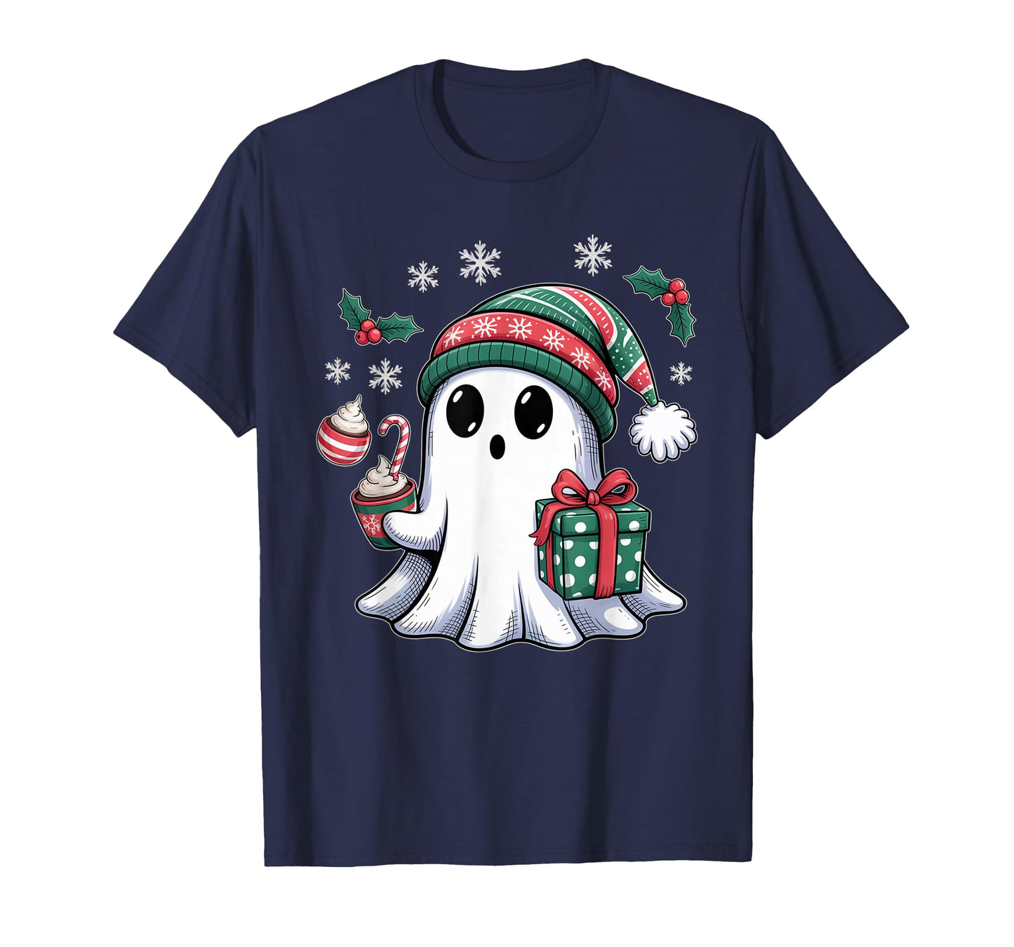 Cute Christmas Ghost Spirit with Santa Hat Coffee and Gift T-Shirt