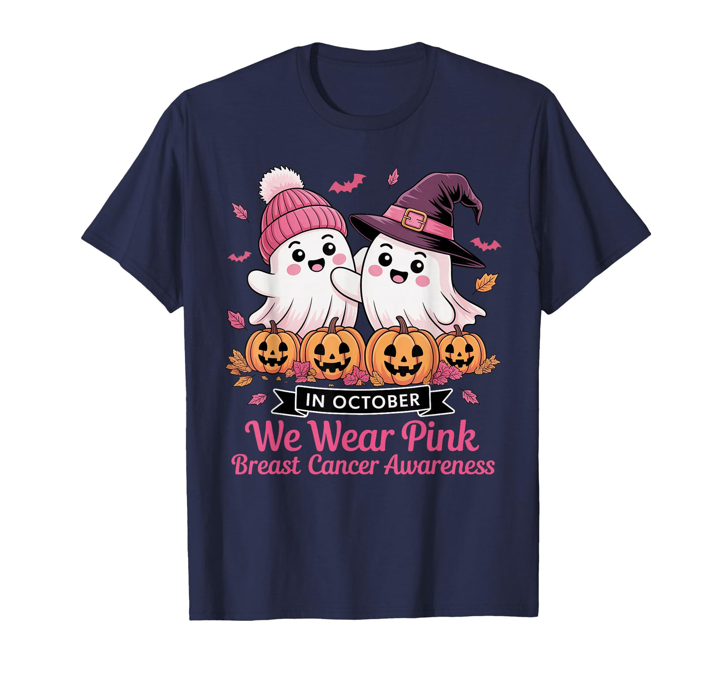 in October We Wear Pink Ghost Witch Breast Cancer Awareness T-Shirt