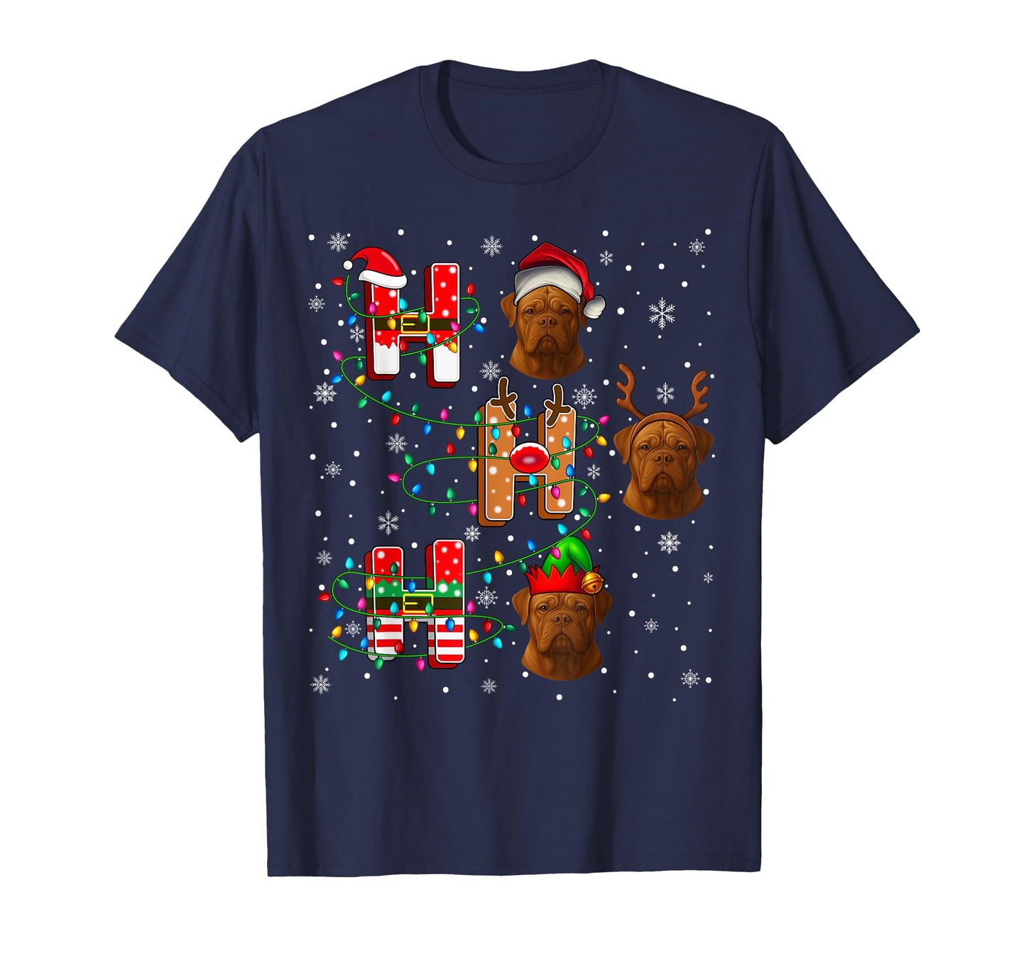 Ho Ho Ho Santa Reindeer Hat Elf Dogue De Bordeaux Dog Xmas T-Shirt