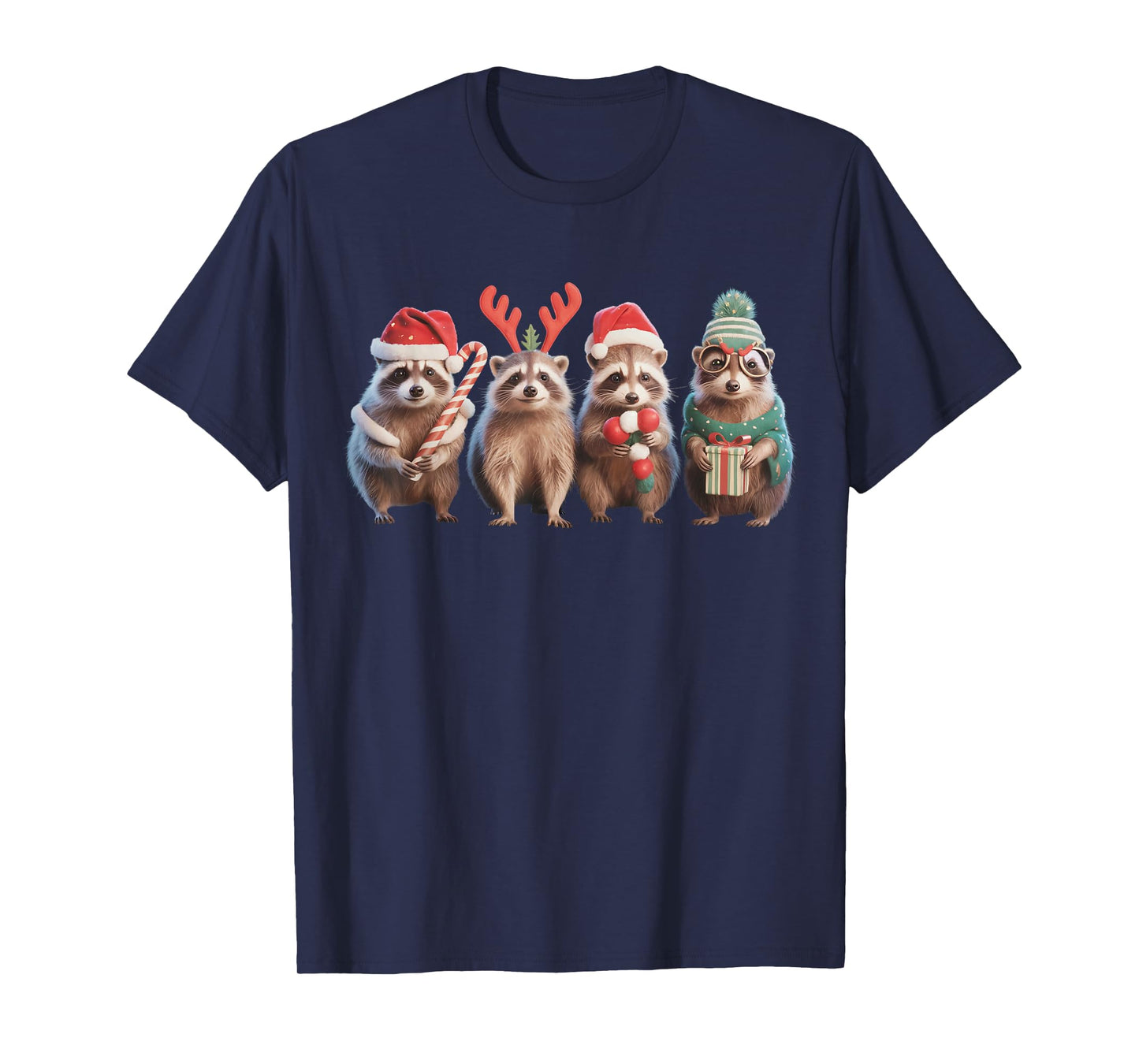 Santa Raccoon Christmas Lights Funny Raccoon Xmas Men Kids T-Shirt