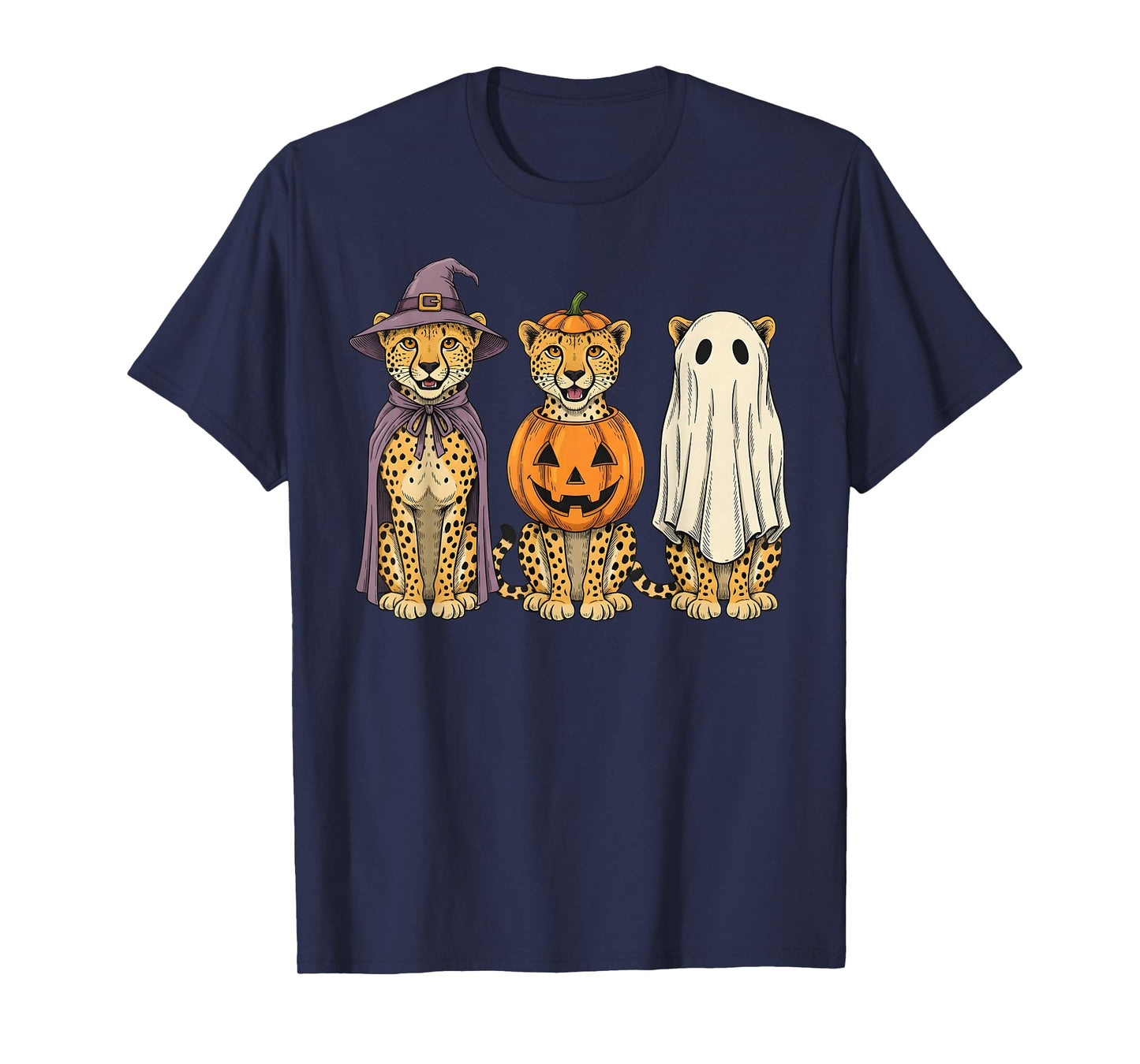 Spooky Ghost Cheetah Pumpkin Halloween Safari Animal T-Shirt