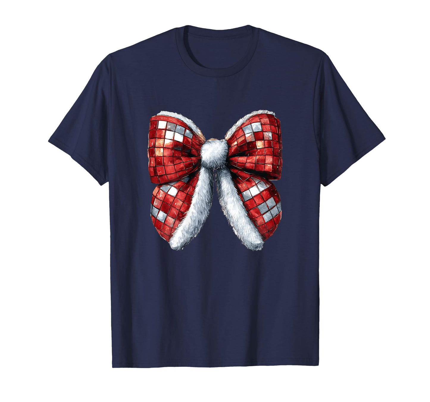 Womens Christmas Santa Disco Ball Coquette Bow Matching Girl Women T-Shirt