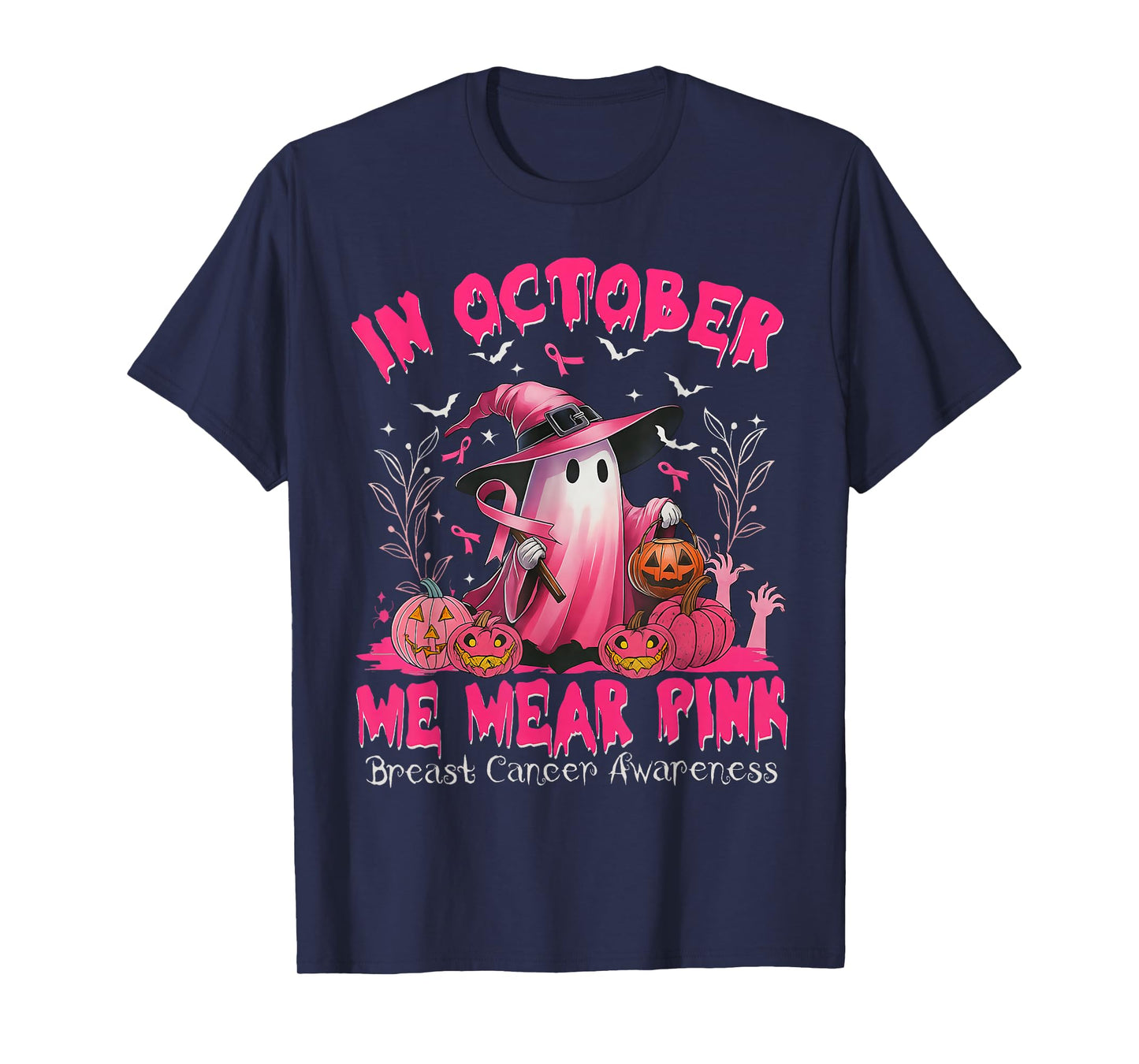 in October We Wear Pink Witch Ghost Breast Cancer Awareness T-Shirt