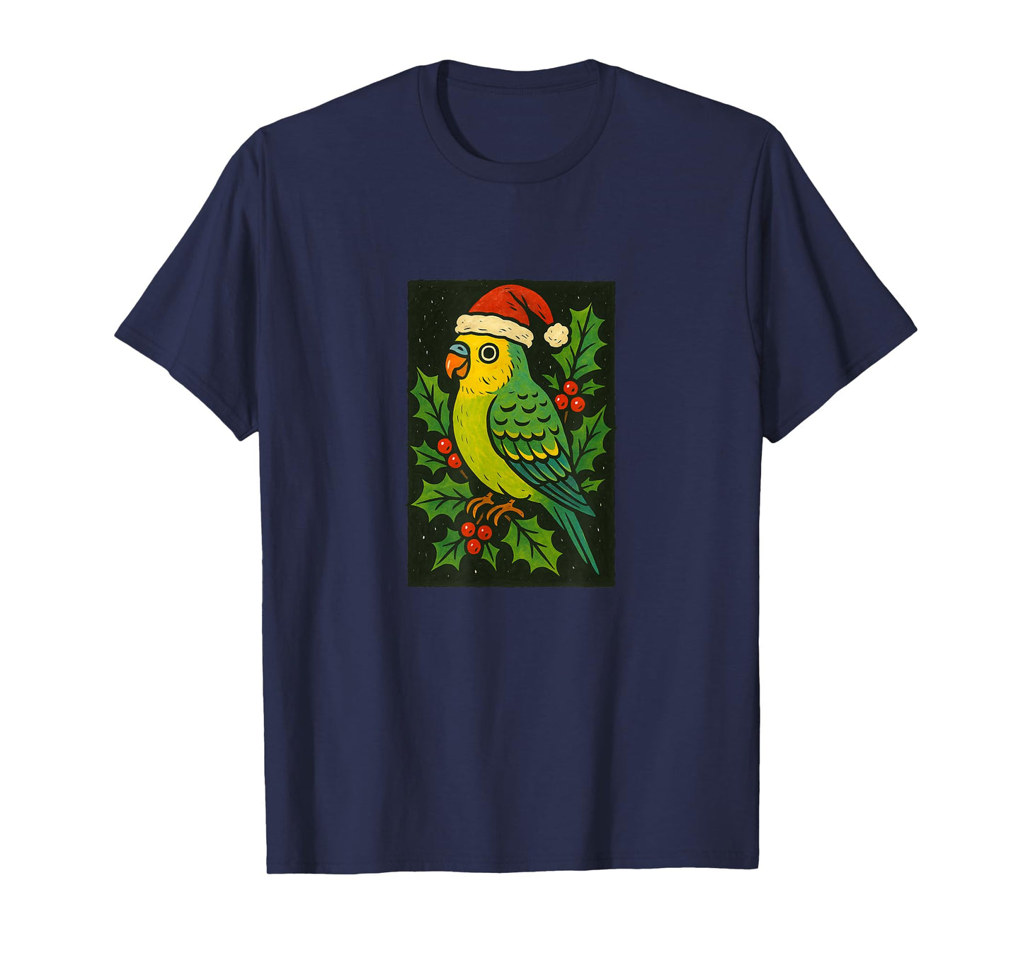 Parakeet in Santa Hat with Christmas Holly T-Shirt