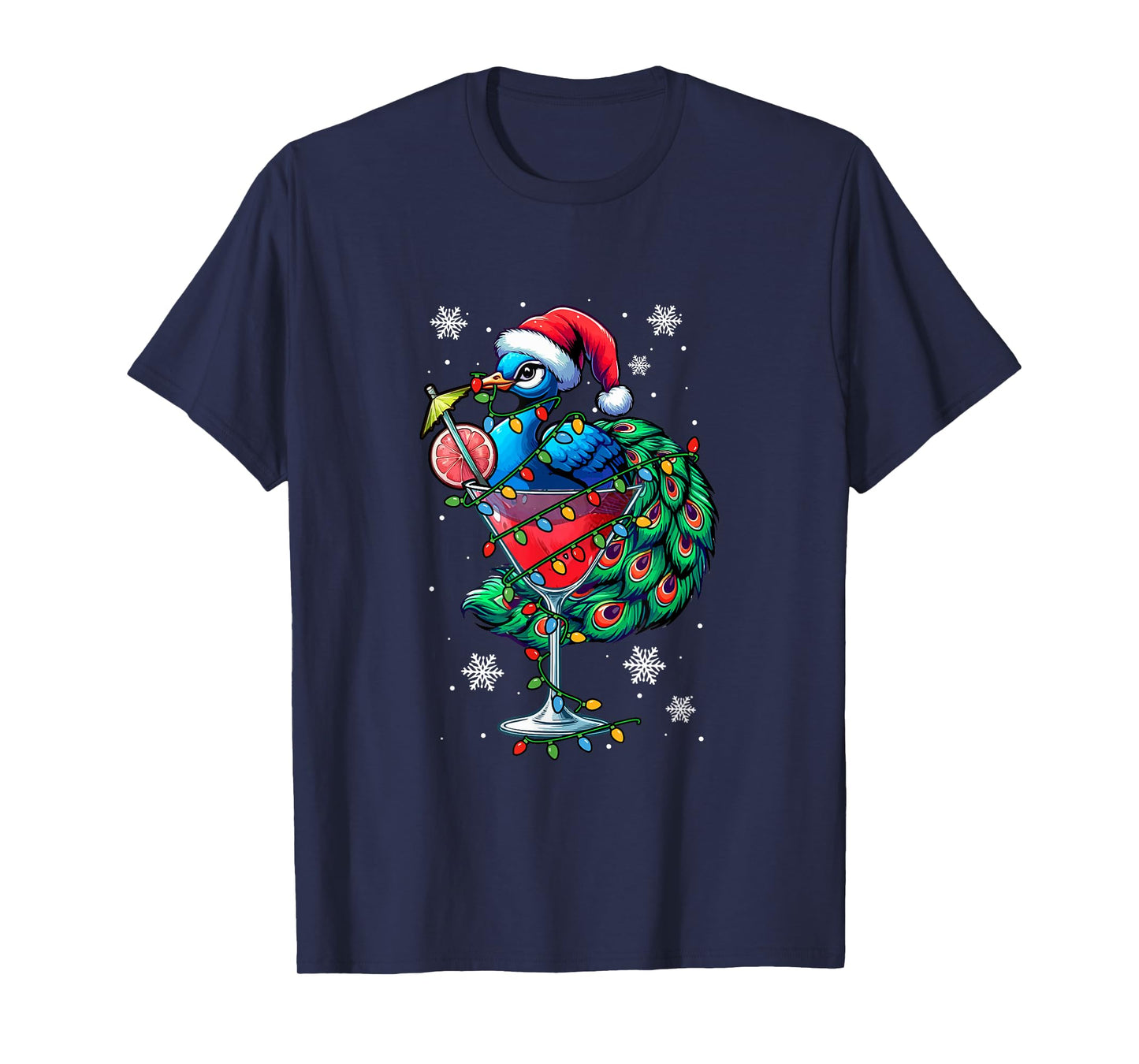 Santa Peacock On Cocktail Glasses Christmas Colorful Lights T-Shirt