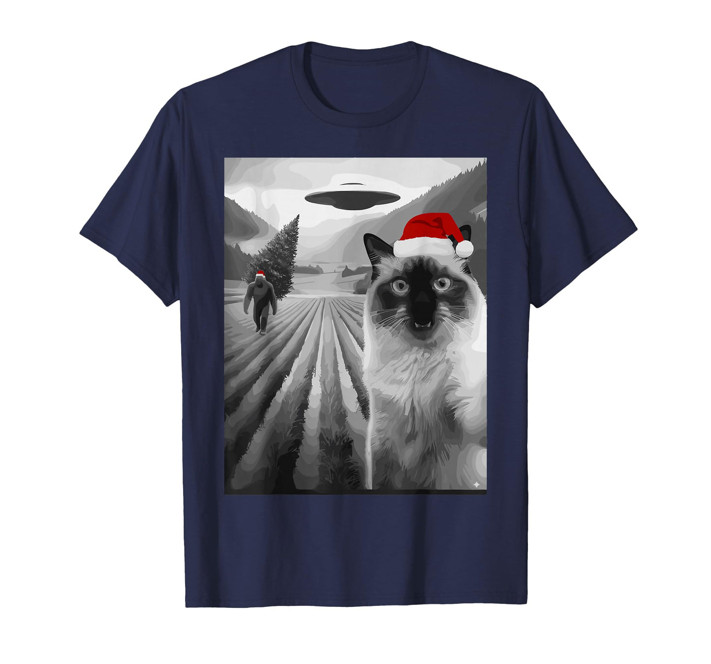 Christmas Cat Bigfoot UFO Santa Hat Funny Retro T-Shirt