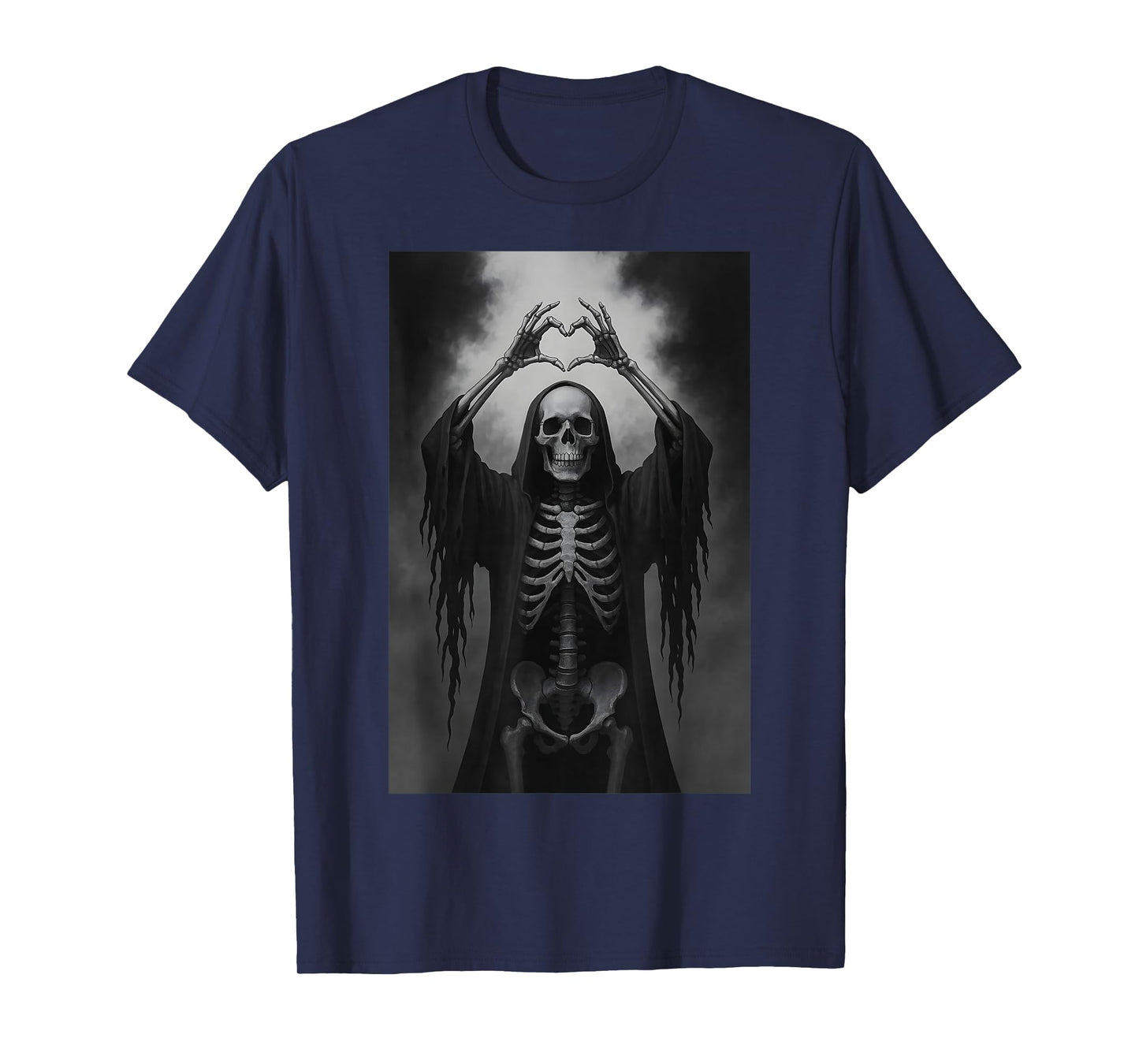 Skeleton Hands Heart Sign Scary Face Funny Halloween Costume T-Shirt