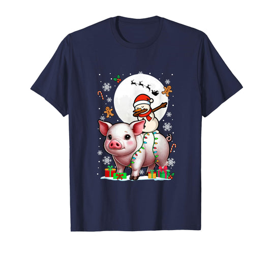 Dabbing Snowman On Pig Christmas Santa Colorful Lights T-Shirt