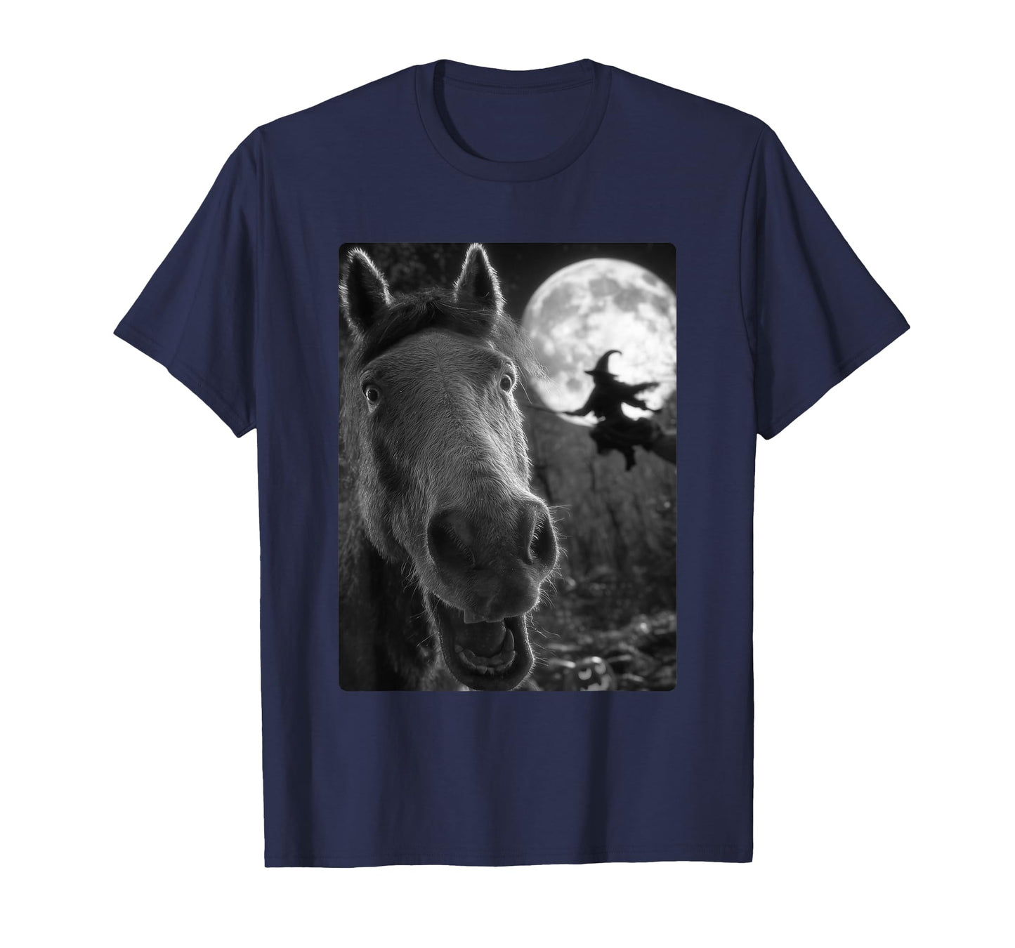 Funny Horse Selfie Full Moon Flying Witch Forest Halloween T-Shirt