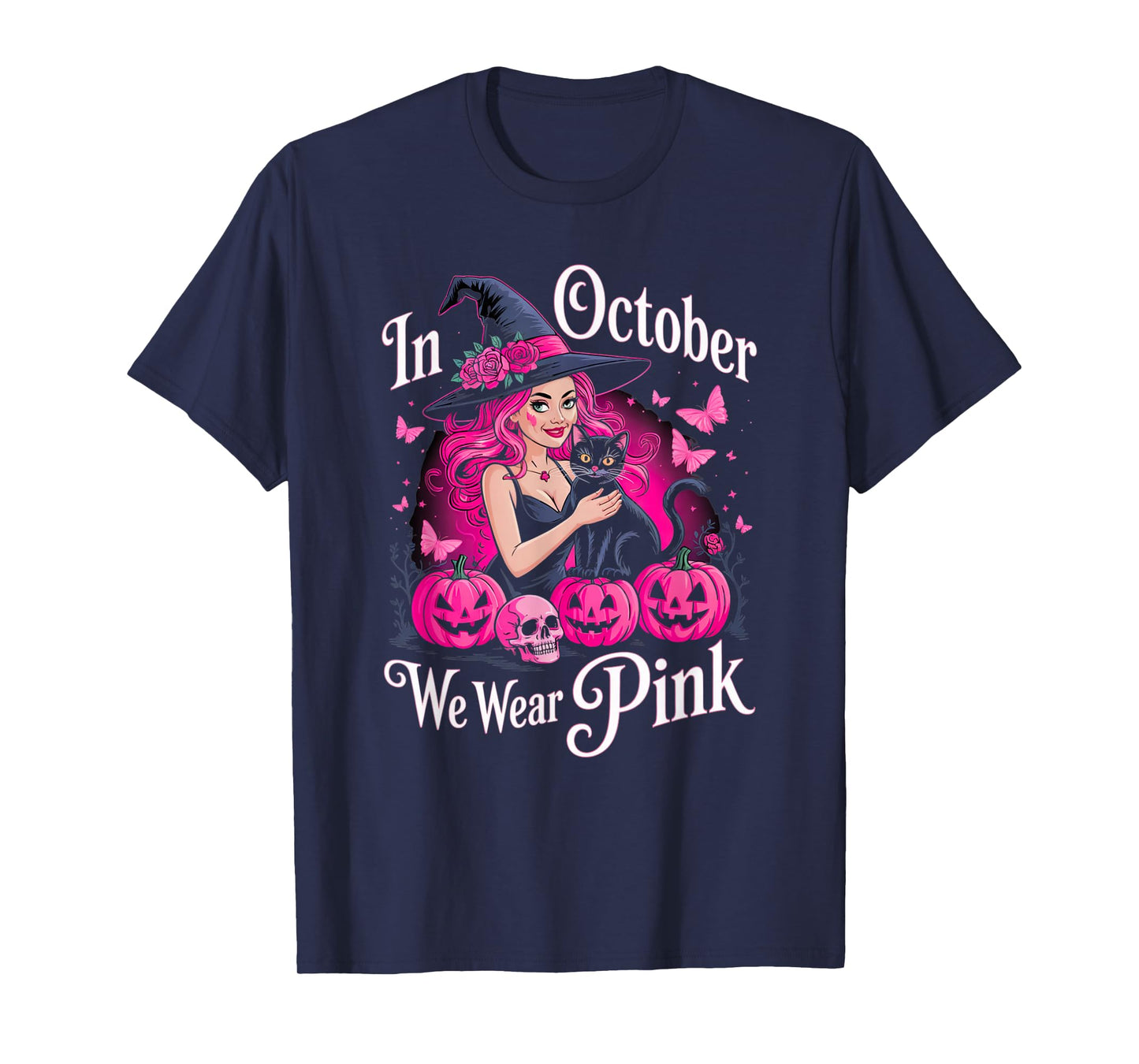 Retro in October We Wear Pink Witch Breast Cancer Awareness T-Shirt