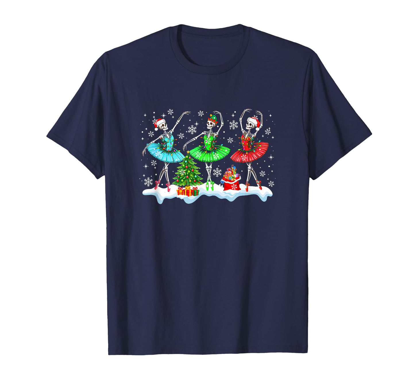 Three Santa Elf Skeletons Dancer Dancing Christmas Tree Snow T-Shirt