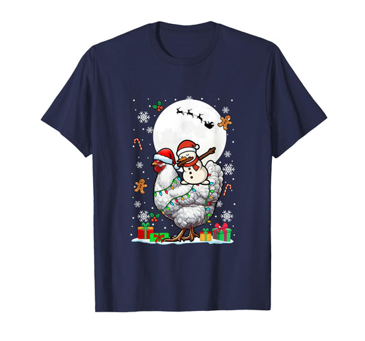Dabbing Snowman On Chicken Christmas Santa Colorful Lights T-Shirt