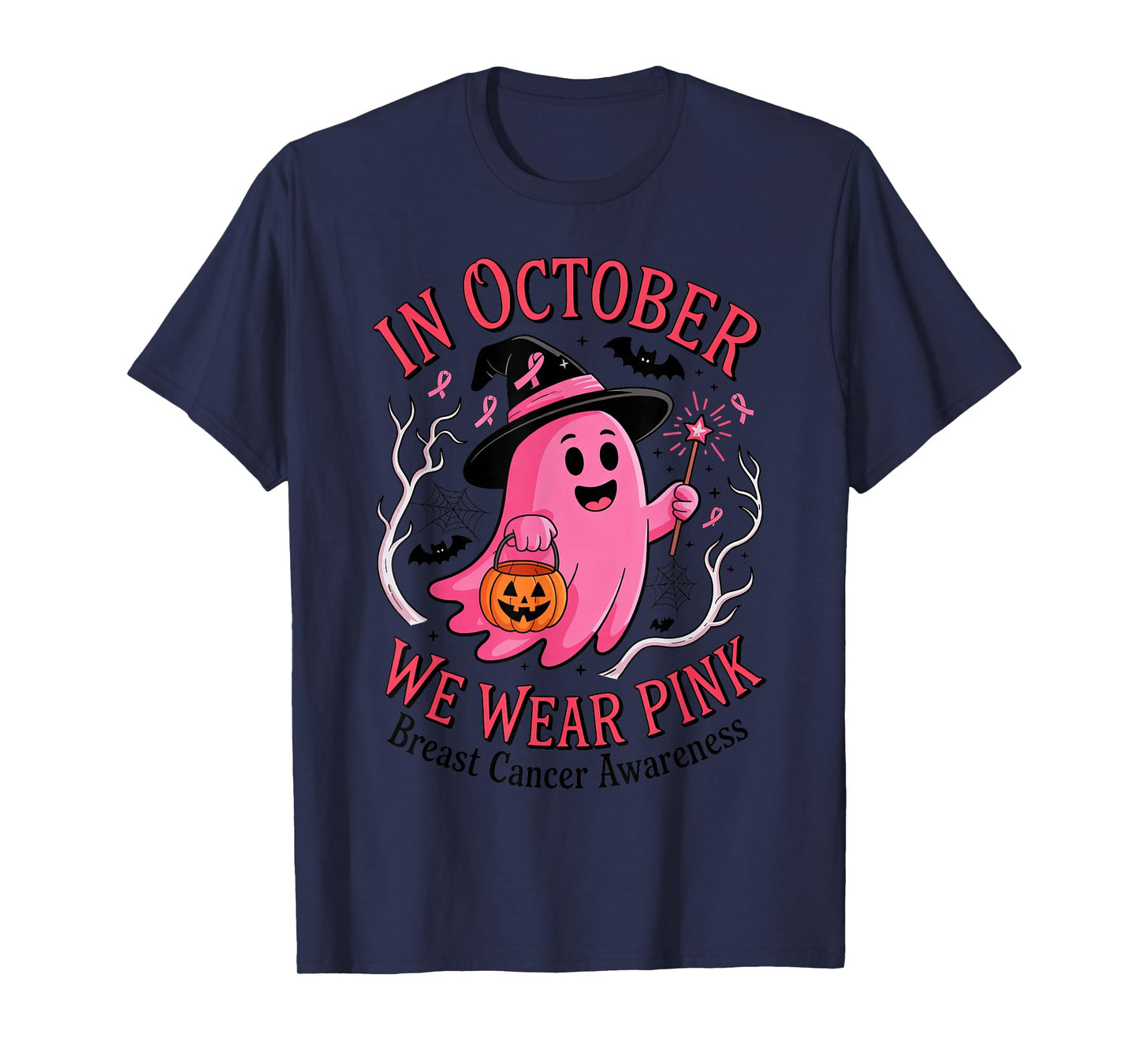 Cute Pink Ghost Witch in October We Wear Pink Breast Cancer T-Shirt