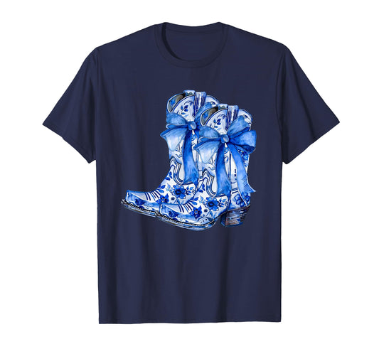 Boots Bow Coquette Coastal Cowgirl Blue Chinoiserie Floral T-Shirt