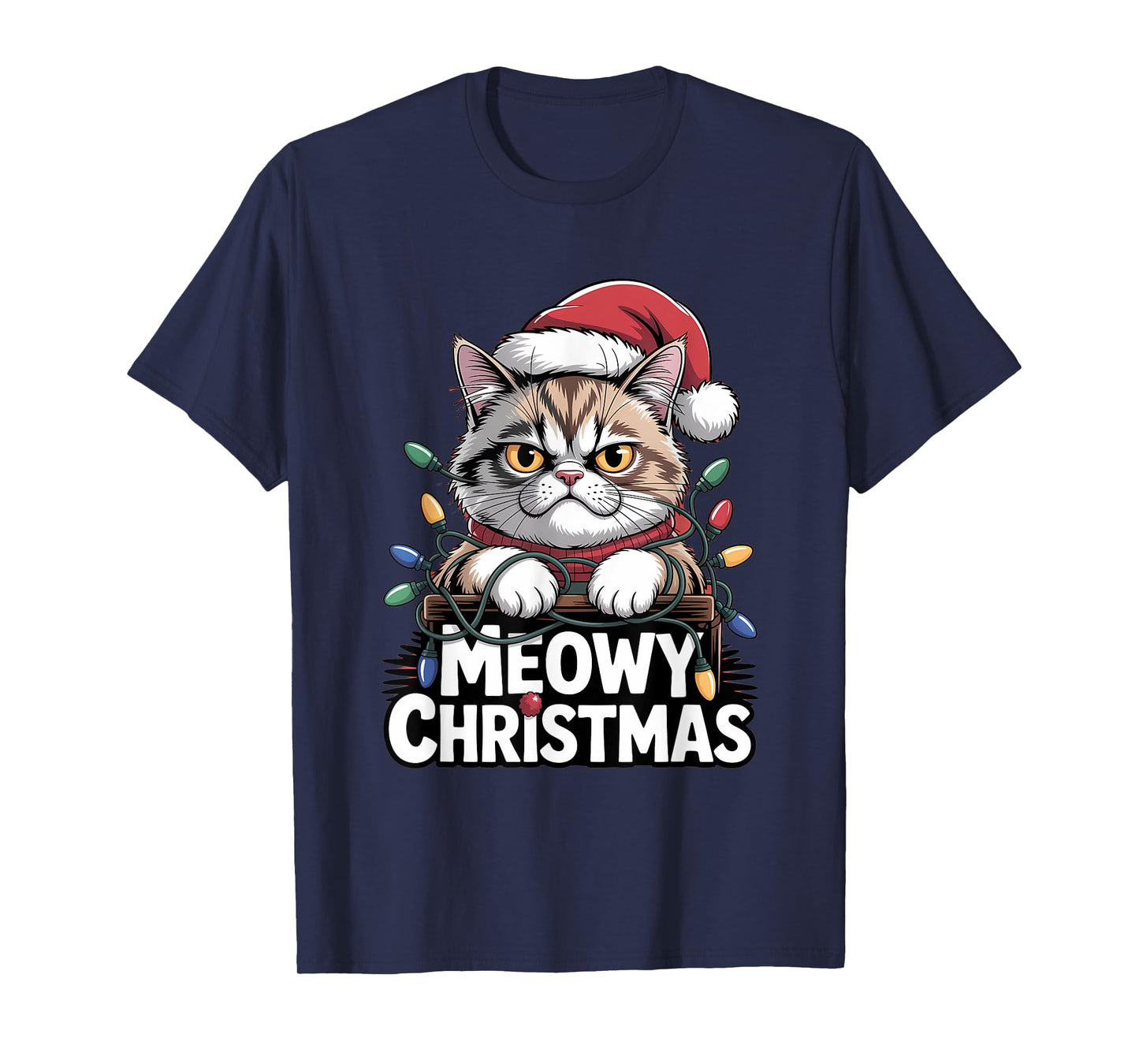 Meowy Christmas Cute Cat Santa Hat Funny Holiday T-Shirt