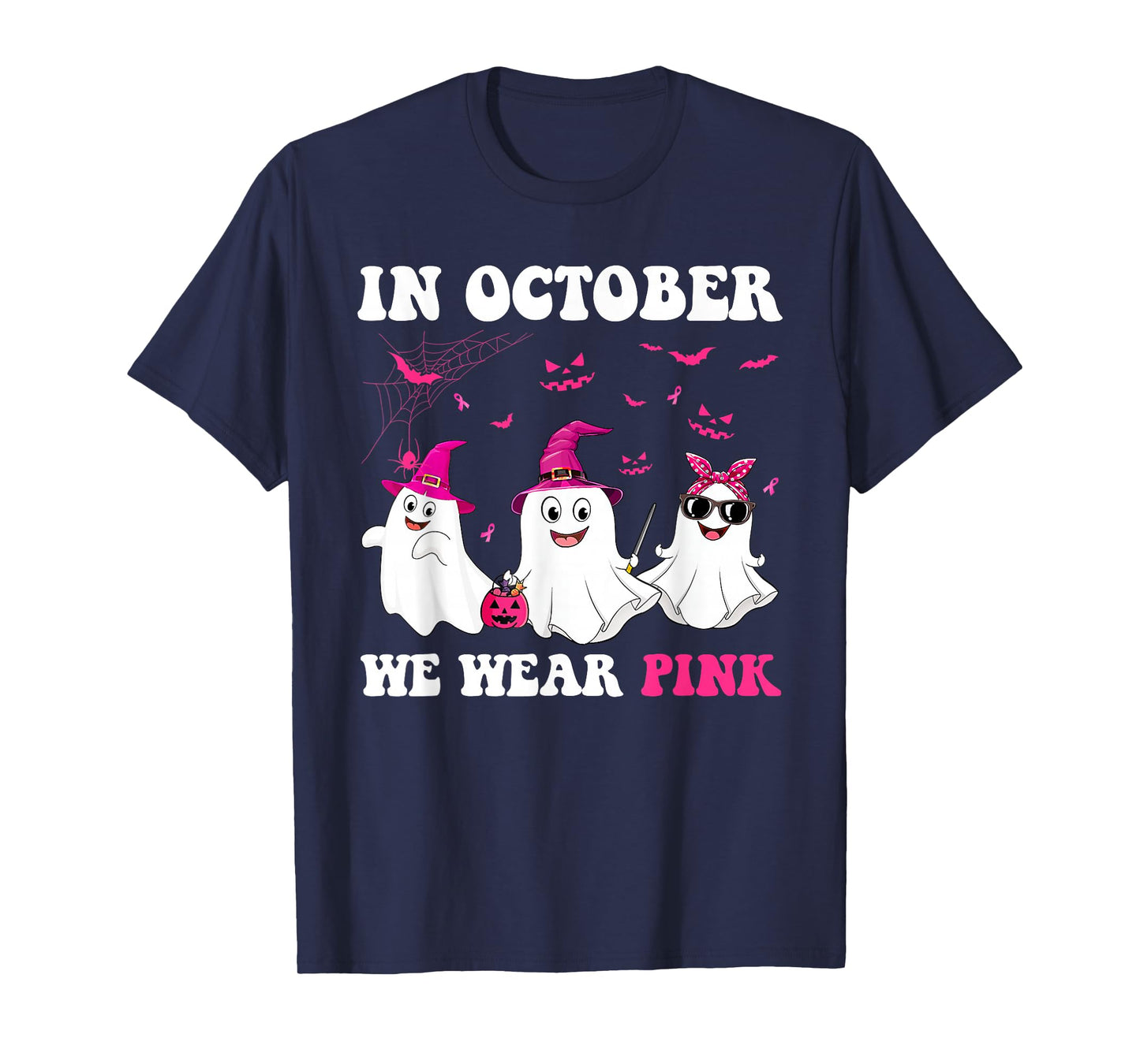 in October We Wear Pink Ghost Witch Breast Cancer Awareness T-Shirt