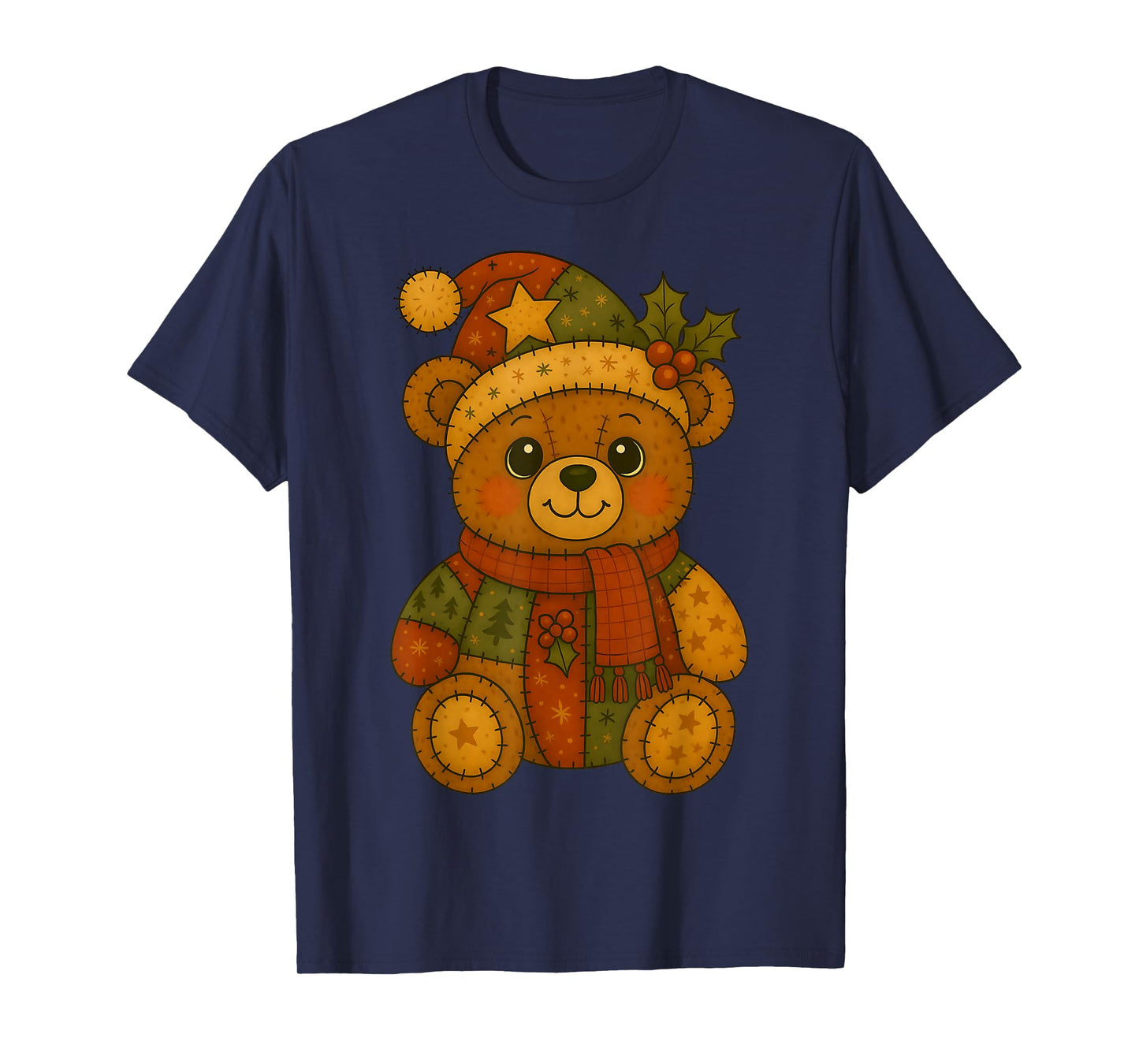 Patchwork Christmas Bear Wearing Santa Hat Winter Holiday T-Shirt