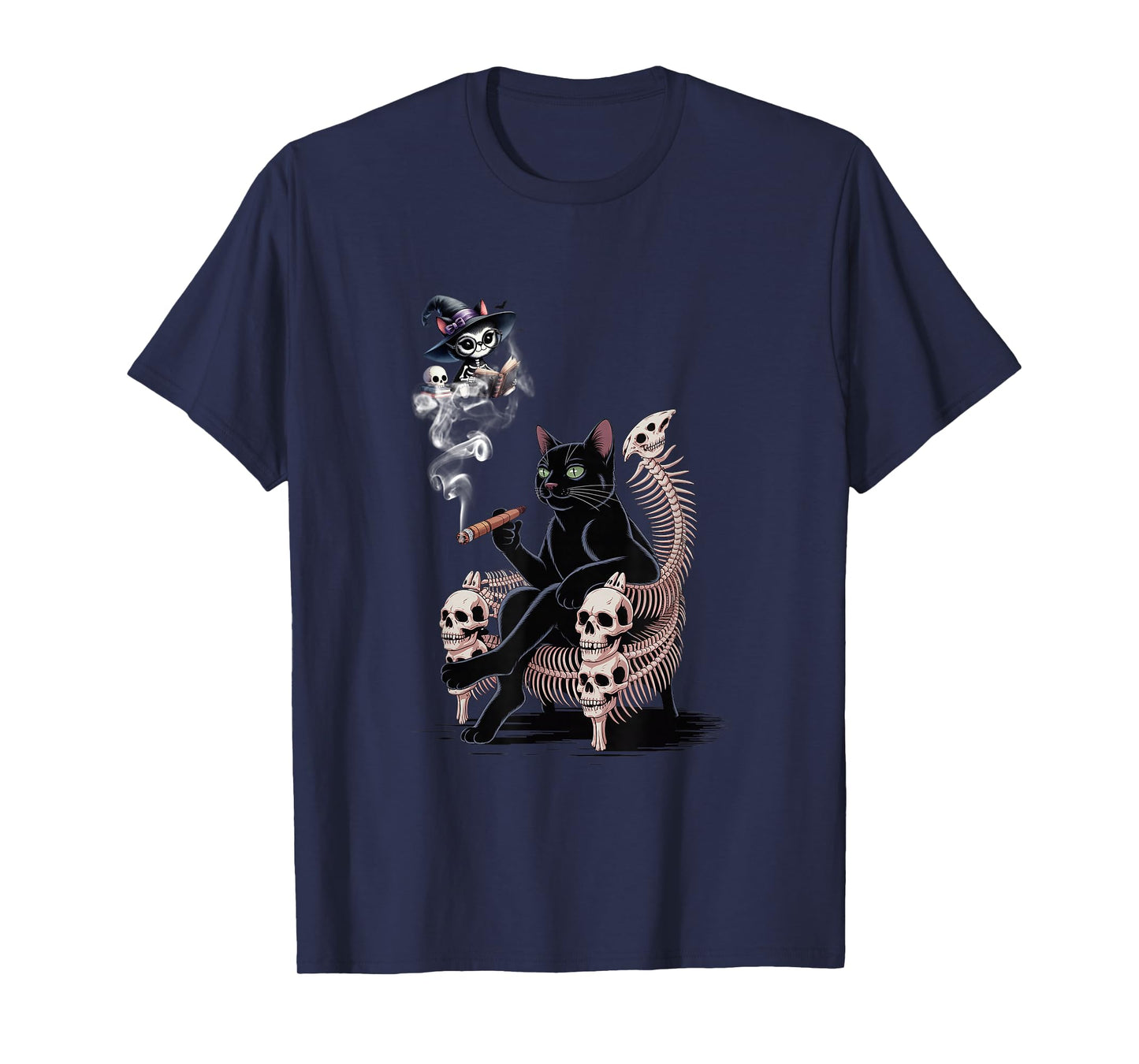 Black Cat Smoking Cigarette Halloween Witch Cat Reading Book T-Shirt