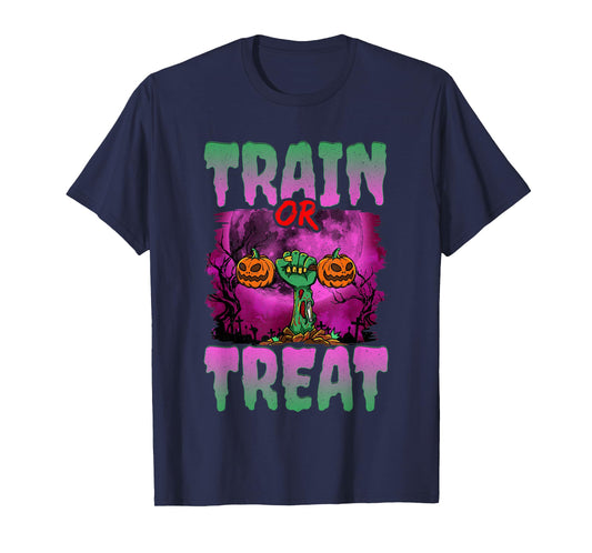 Train Or Treat Halloween Gym Weightlifting Zombie Fitness T-Shirt