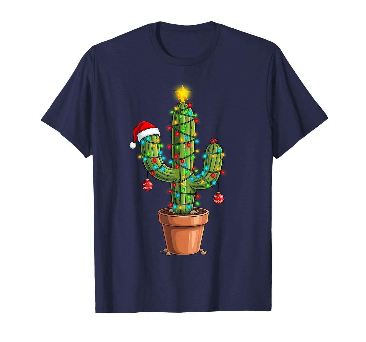 Funny Christmas Lights Cactus Lover Xmas Tree Santa Hat T-Shirt