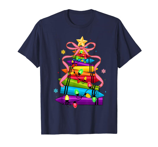 School Xmas Crayon Christmas Tree Lights Teacher Student T-Shirt