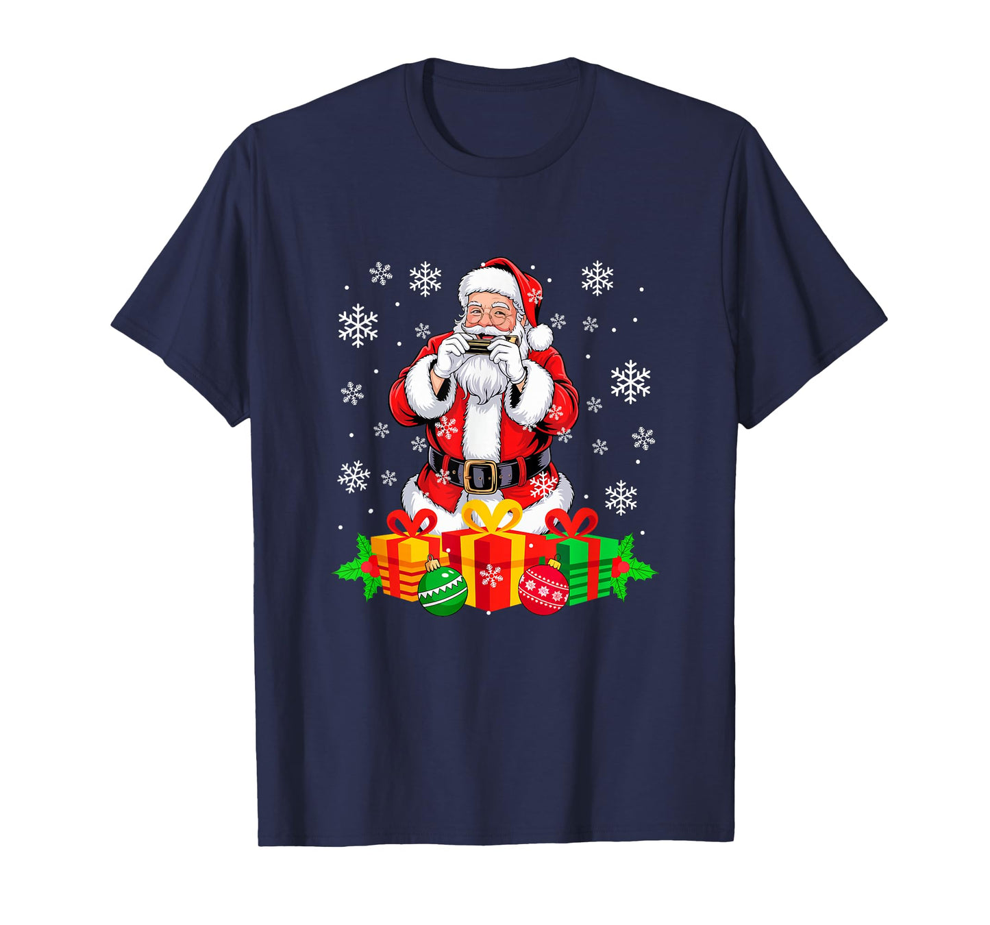 Santa Playing Harmonica Instrument Colorful Christmas Boxes T-Shirt