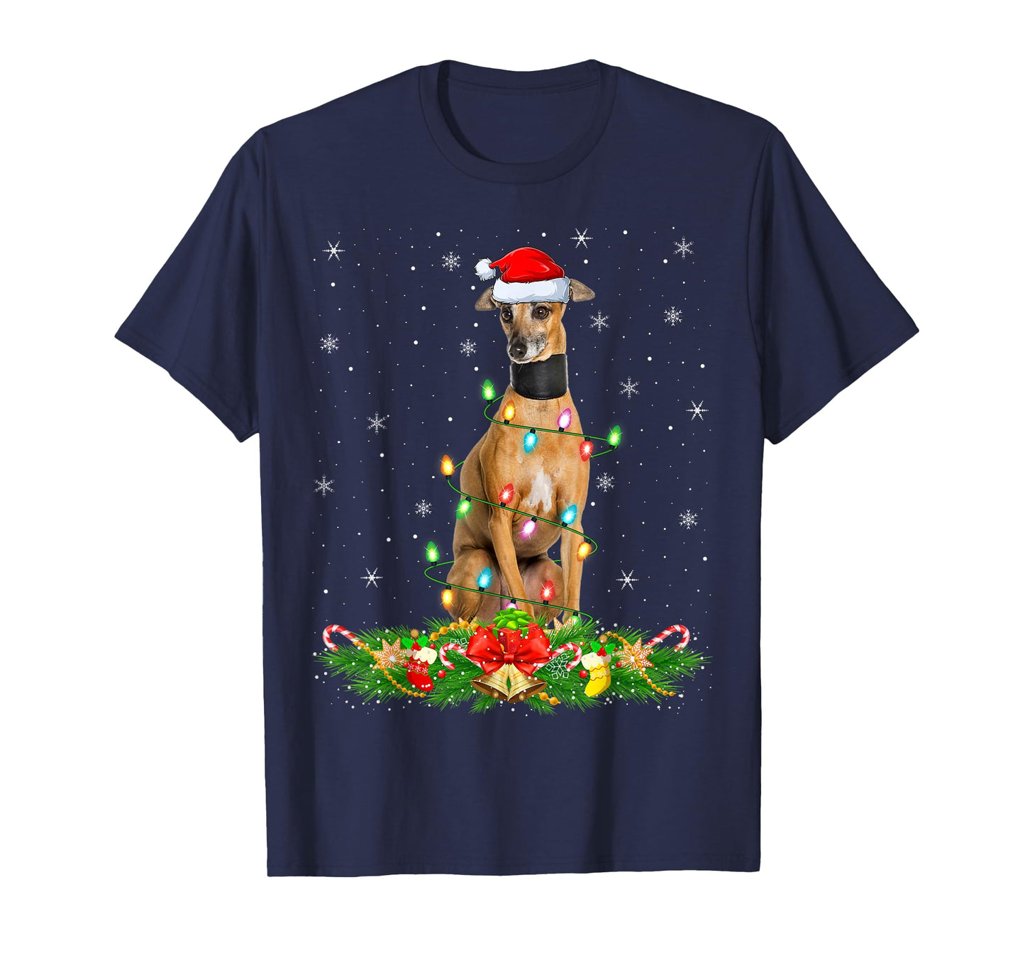 Greyhound Dog Christmas Lights Funny Santa Hat Xmas T-Shirt