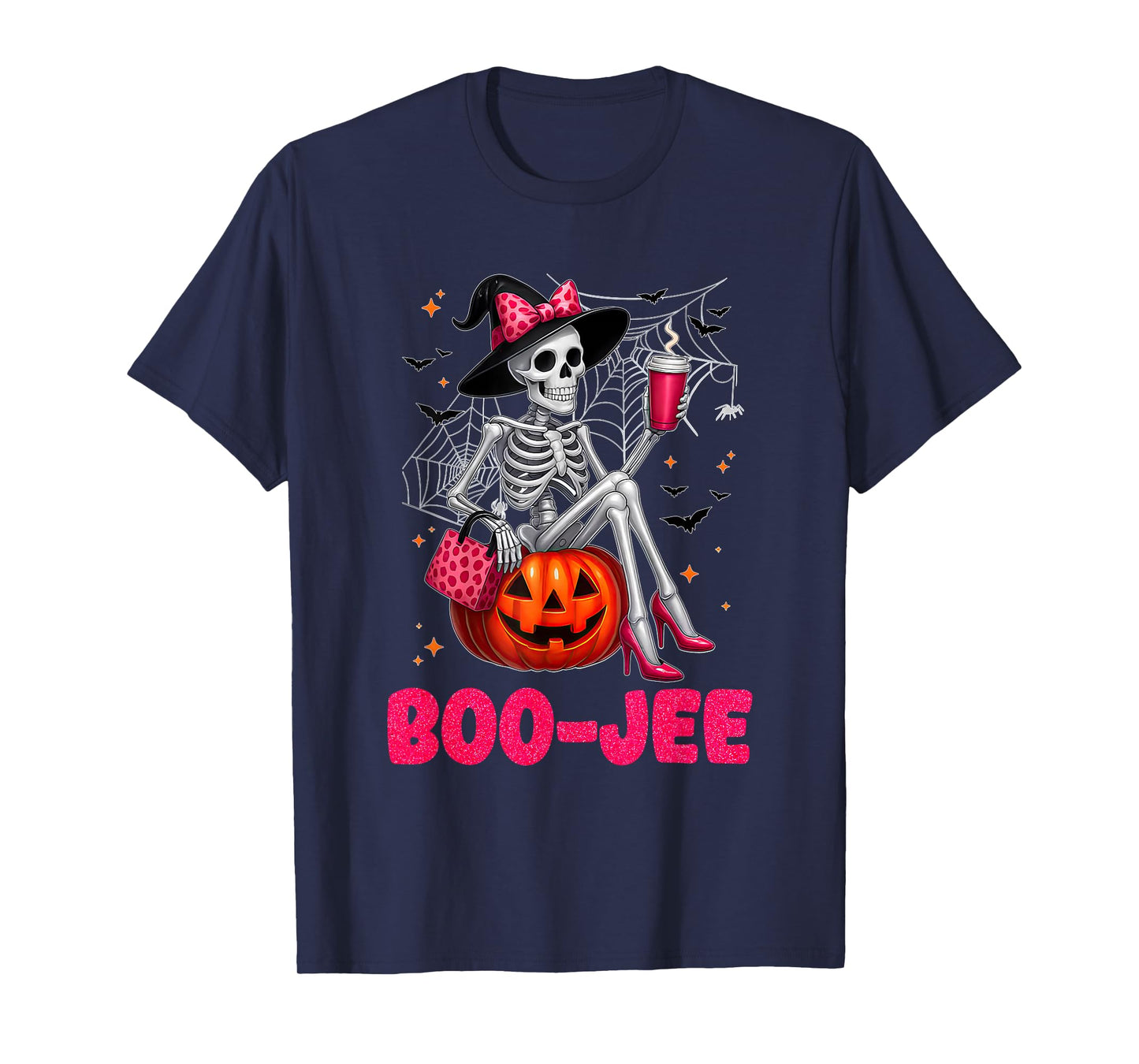 Pink Bow Spooky Witch Skeleton Drinking Halloween Pumpkin T-Shirt