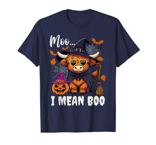 Moo I Mean Boo Witch Highland Cow Halloween Costume T-Shirt