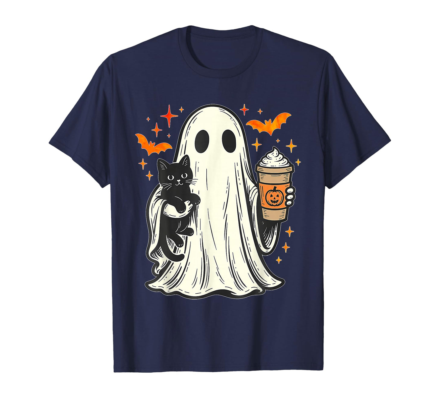 Vintage Halloween Ghost Holding Black Cat Ice Coffee Lover T-Shirt