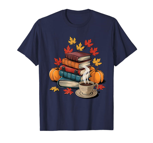 Vintage Books Tea Lovers Fall Autumn Leaves and Pumpkins T-Shirt