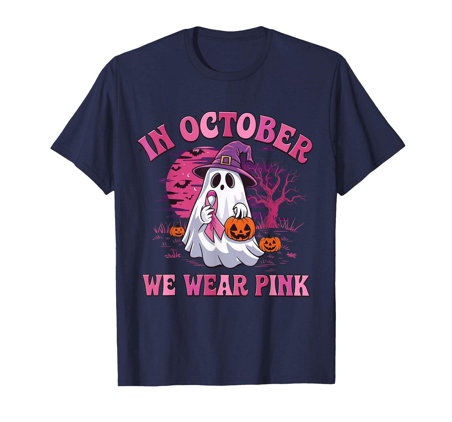 in October We Wear Pink Breast Cancer Ghost Pumpkin Witch T-Shirt