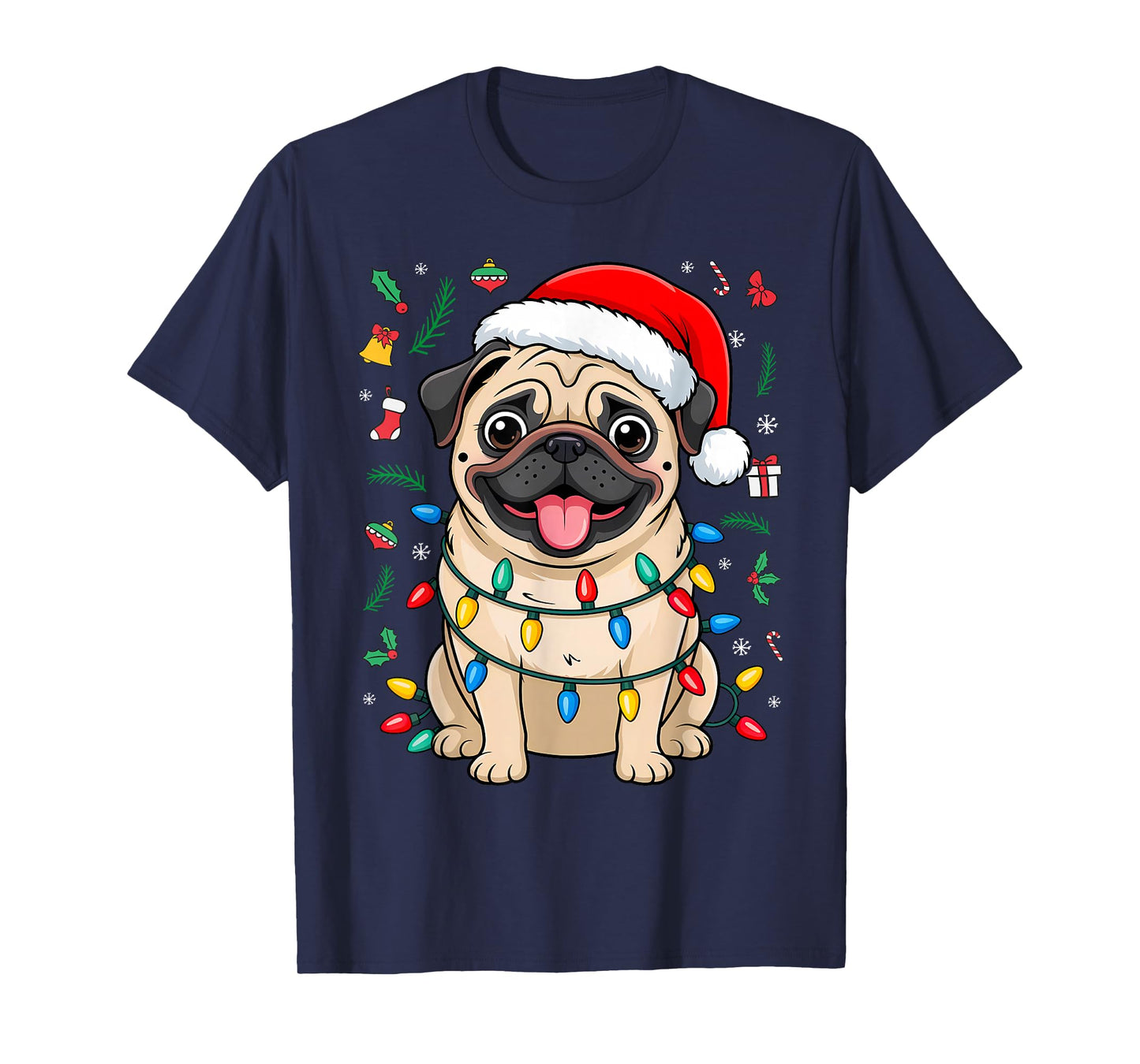 Pug Santa Christmas Tree Lights Xmas Boys Pugmas Dog Dogmas T-Shirt