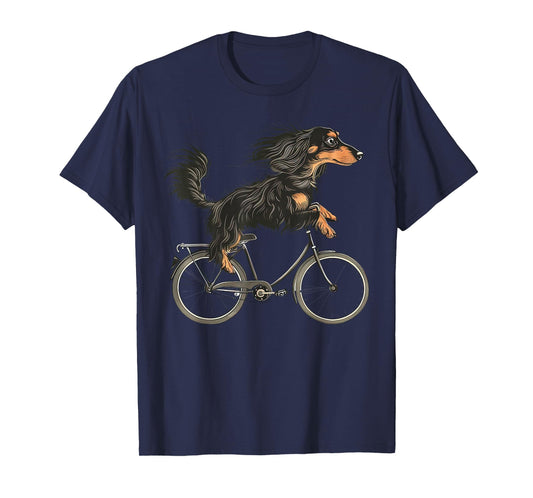 Vintage Long Haired Dachshund Riding A Bike Cycling Bicycle T-Shirt