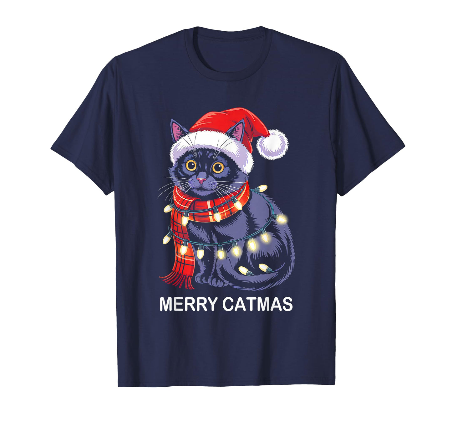 Merry Catmas Christmas Lights Cat Santa Hat Xmas Men Women T-Shirt