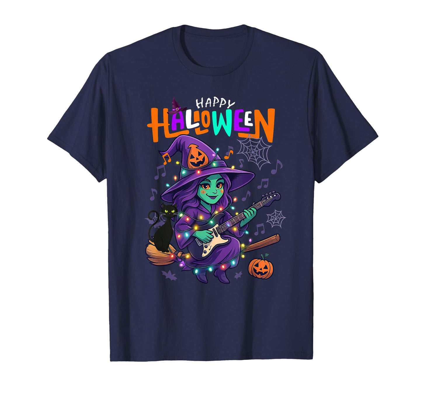 Funny Witch Playing Guitar Happy Halloween Boys Girls Kids T-Shirt