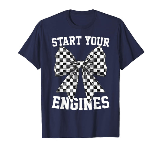Start Your Engines Vintage Checkered Bow Race Car Lovers T-Shirt