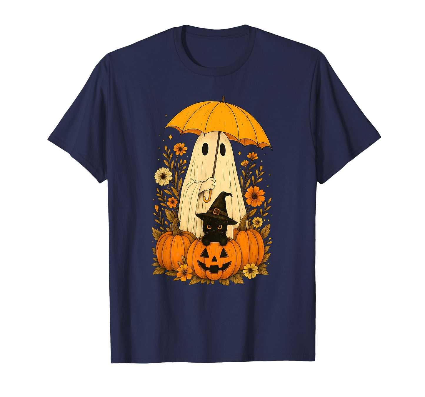 Vintage Halloween Ghost and Black Cat Groovy Floral T-Shirt
