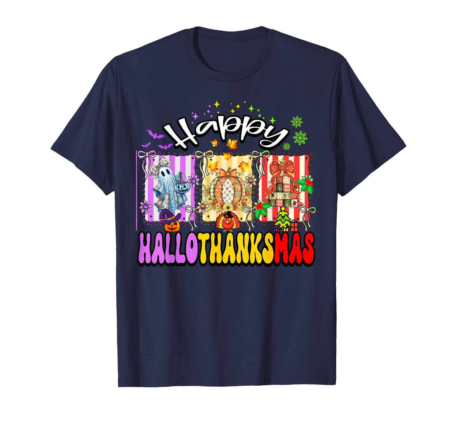 Happy Hallothanksmas Retro Halloween Thanksgiving Christmas T-Shirt