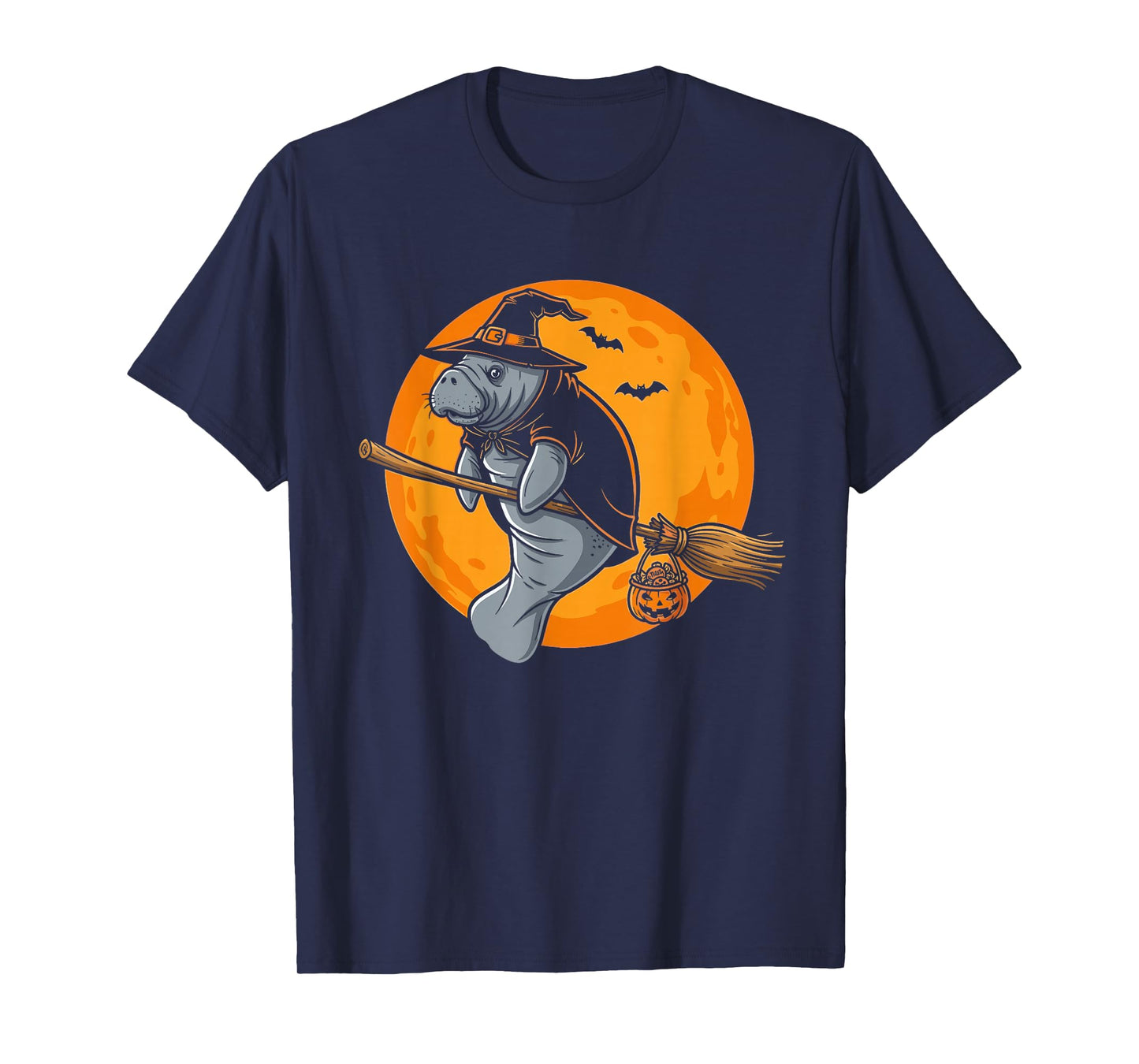 Witch Spooky Haunted Manatee Broomstick Moon Halloween Funny T-Shirt