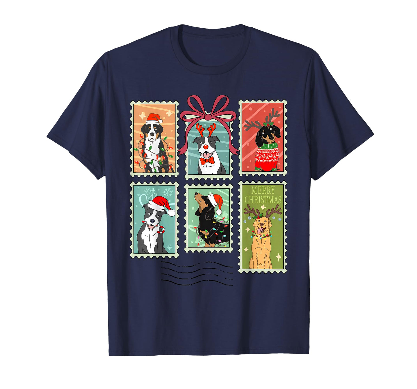 Vintage Merry Christmas Dogs Santa Stamps Reindeer Coquette T-Shirt