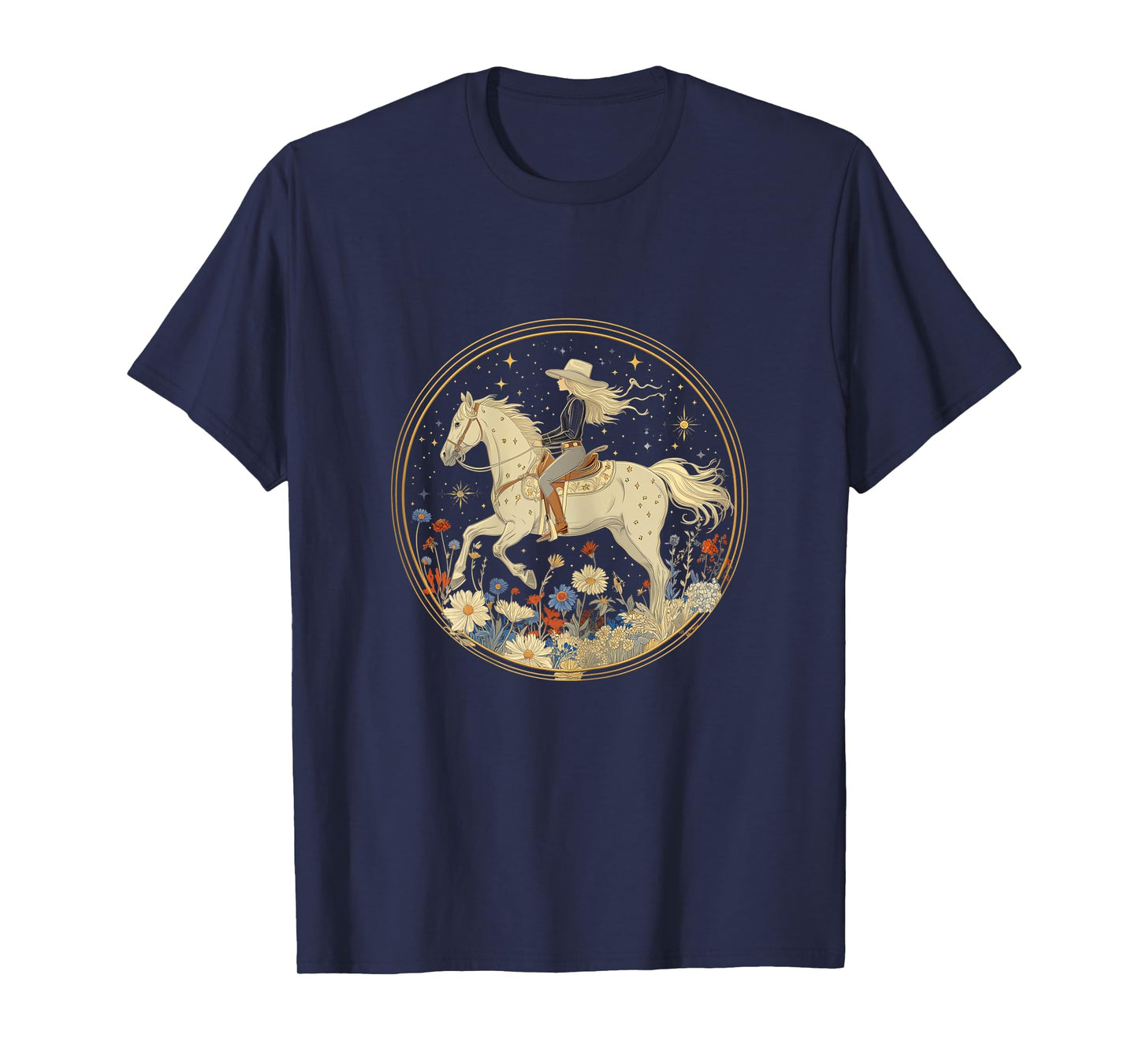 Cowgirl Riding Horse In Wildflower Field Floral Horse Girl T-Shirt