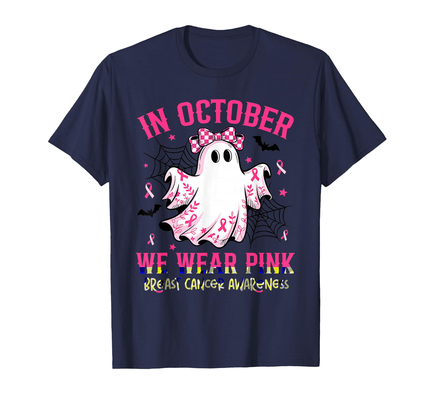 in October We Wear Pink Ghost Witch Breast Cancer Awareness T-Shirt