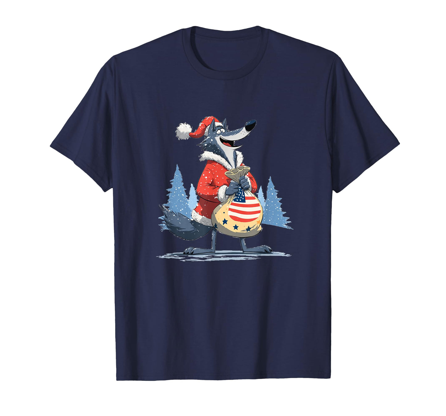 Cartoon Wolf in Christmas with Santa Bag for Boys and Girls T-Shirt