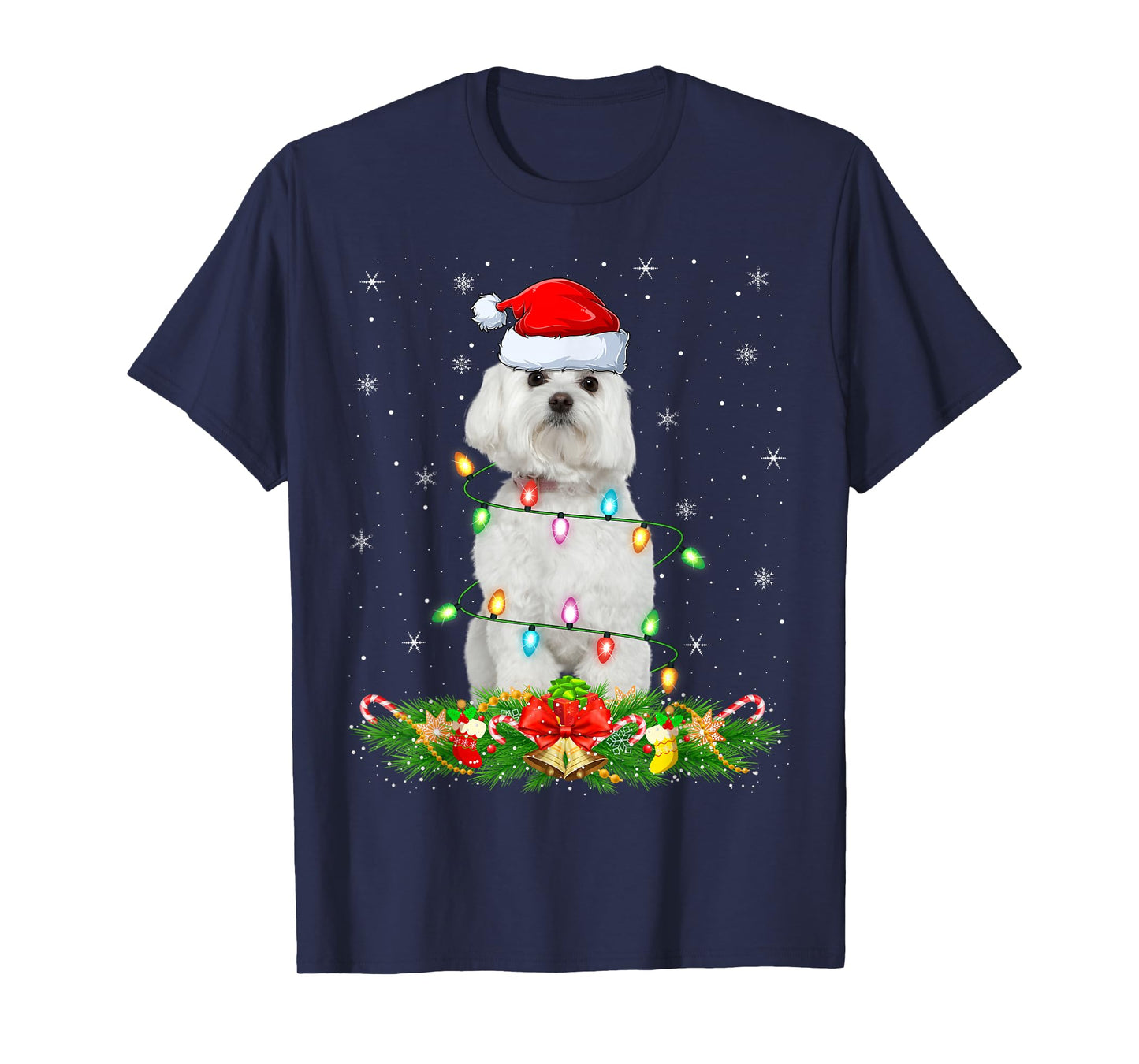 Maltese Dog Christmas Lights Funny Santa Hat Xmas T-Shirt