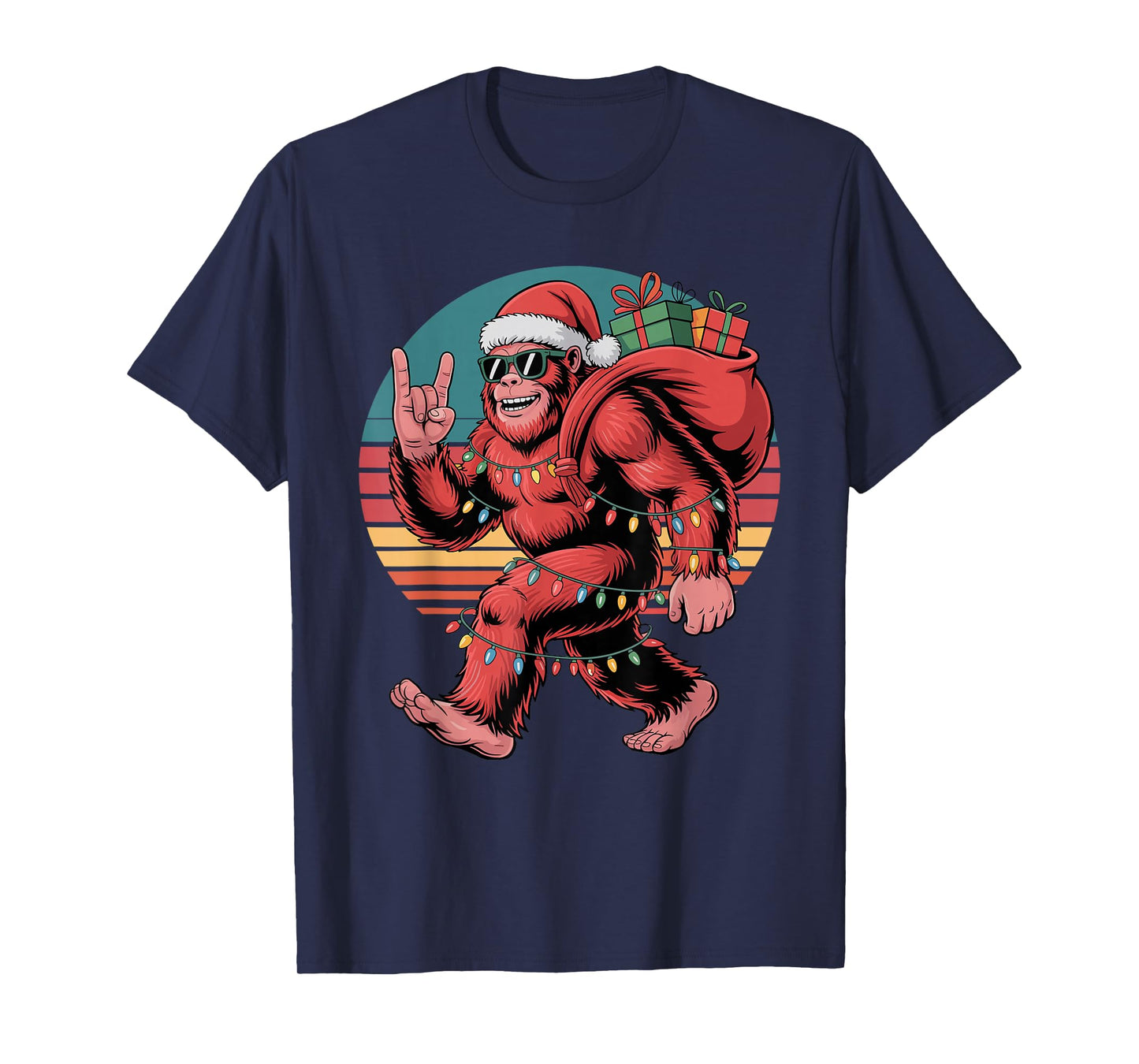 Retro Santa Bigfoot Christmas Funny Sasquatch Xmas Lights T-Shirt