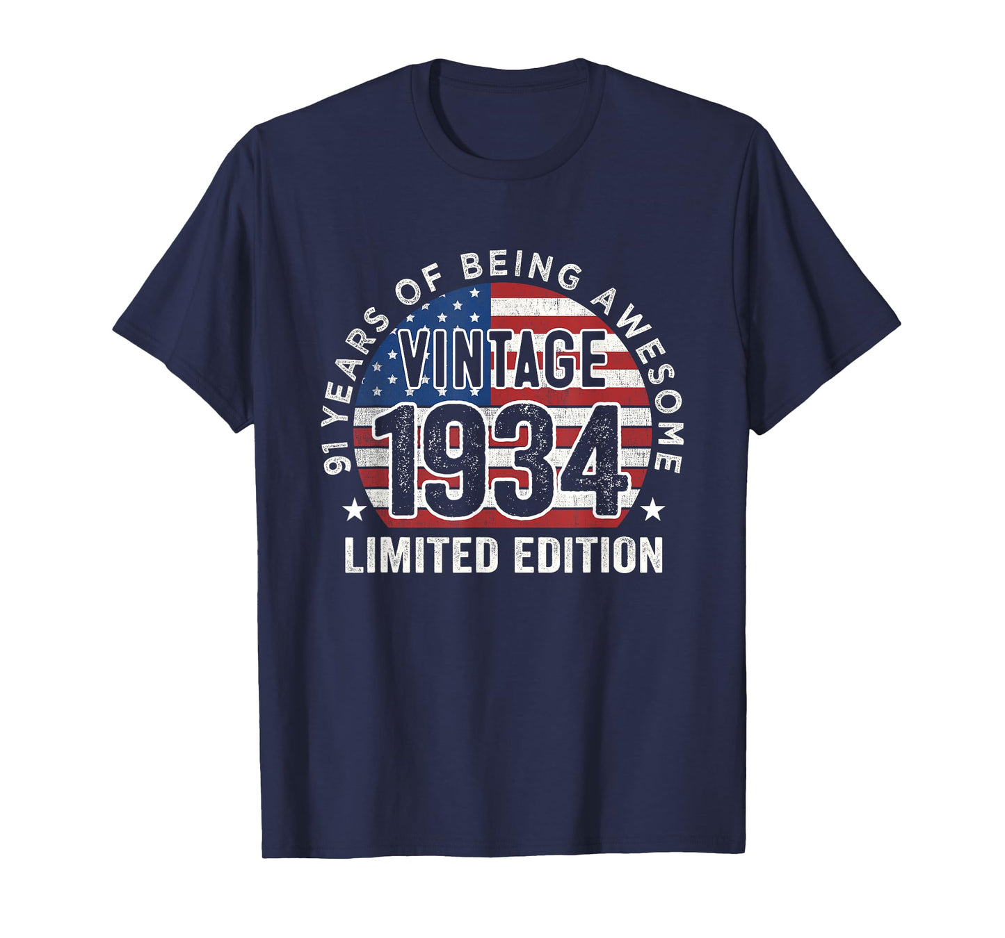 91st Birthday Gifts Men Vintage 1934 91 Years Old USA Flag T-Shirt